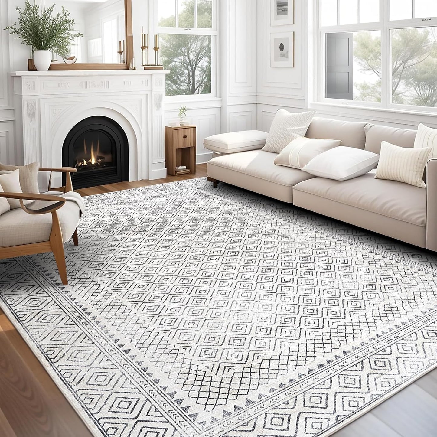 Machine Washable Area Rug - Living Room Bedroom Bathroom Kitchen Entryway Office - Padded Low Pile Stain Resistant Premium - Boho Vintage Traditional - Lyle - Blue 7'6" X 9'6"