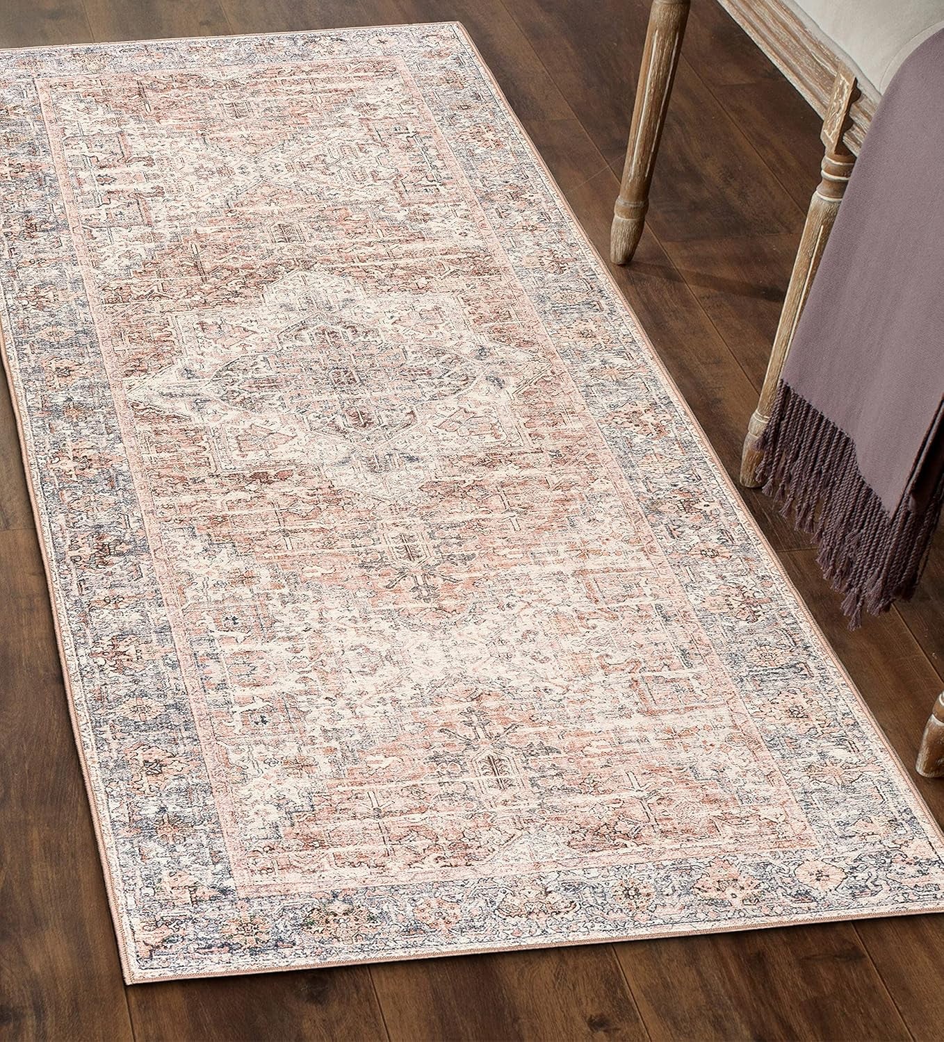 Machine Washable Area Rug - Living Room Bedroom Bathroom Kitchen Entryway Office - Padded Low Pile Stain Resistant Premium - Boho Vintage Traditional - Lyle - Blue 7'6" X 9'6"