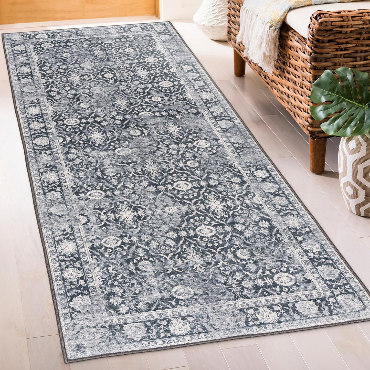 Machine Washable Area Rug - Living Room Bedroom Bathroom Kitchen Entryway Office - Padded Low Pile Stain Resistant Premium - Boho Vintage Traditional - Lyle - Blue 7'6" X 9'6"
