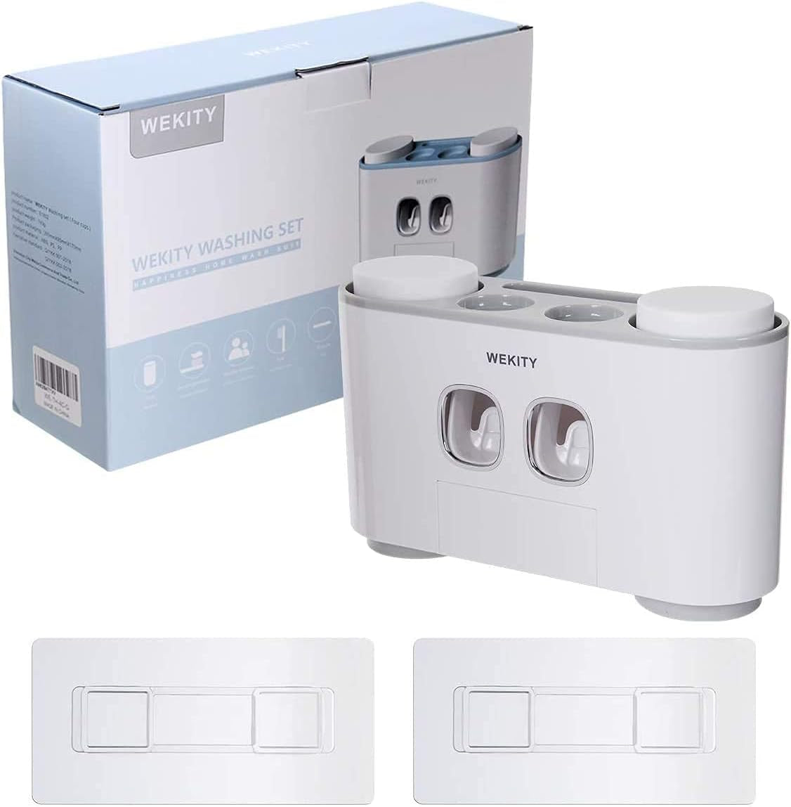 Toothbrush Holder Multi-Function Wall-Mounted Automatic Toothpaste Dispenser and Dust-Proof Toothbrush Holder with 5 Brush Slots 4 Cups 2 Automatic Toothpaste Dispensers 1 Storage Slot (Grey)