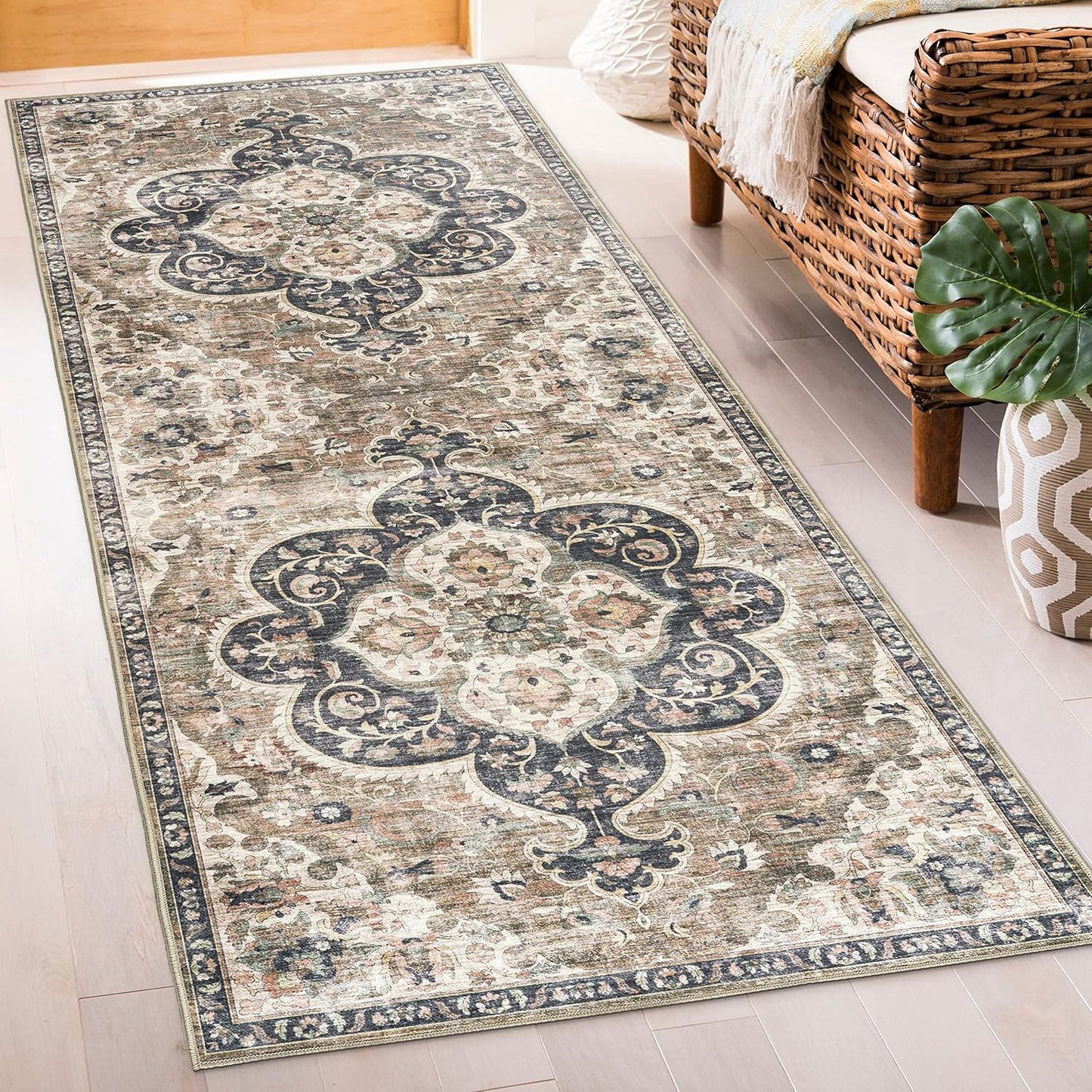 Machine Washable Area Rug - Living Room Bedroom Bathroom Kitchen Entryway Office - Padded Low Pile Stain Resistant Premium - Boho Vintage Traditional - Lyle - Blue 7'6" X 9'6"
