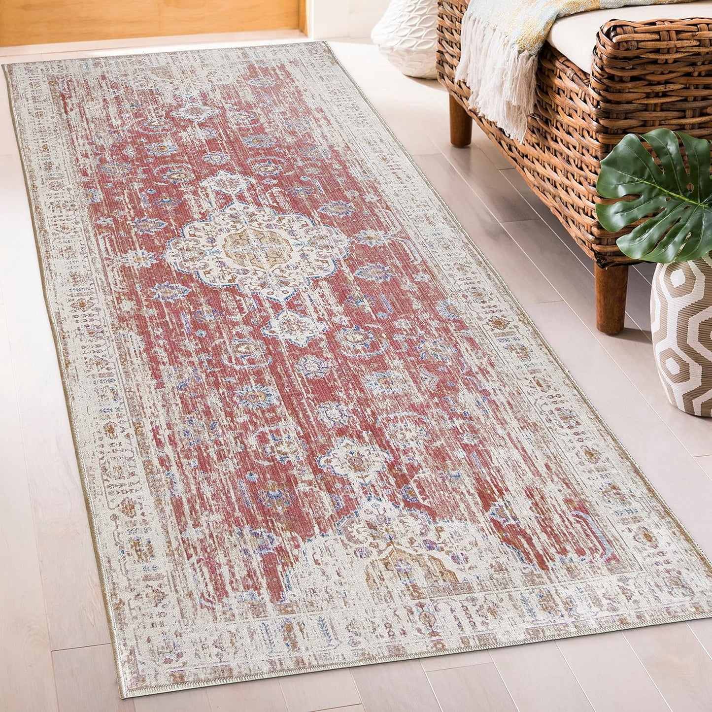 Machine Washable Area Rug - Living Room Bedroom Bathroom Kitchen Entryway Office - Padded Low Pile Stain Resistant Premium - Boho Vintage Traditional - Lyle - Blue 7'6" X 9'6"