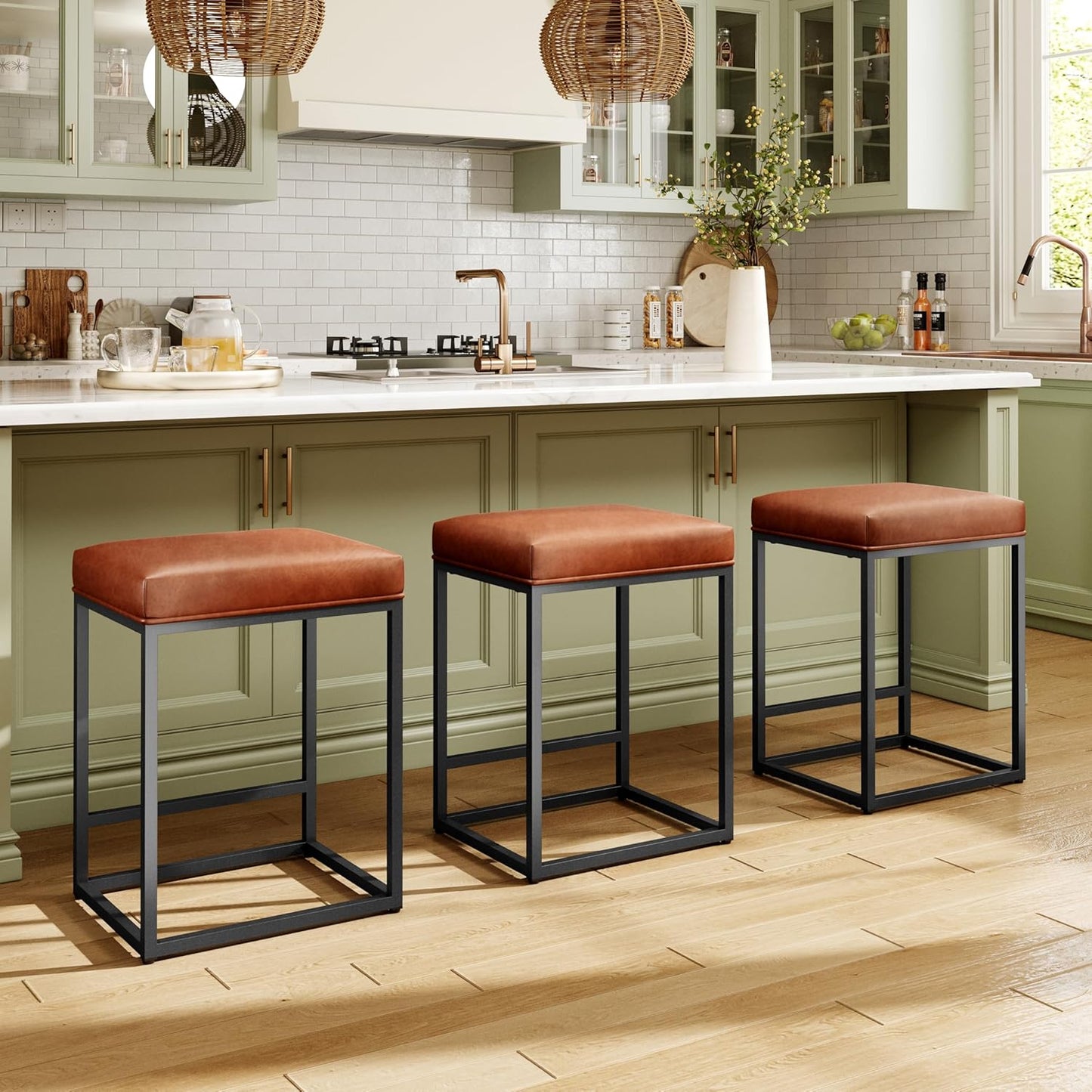 Counter Height 24" Bar Stools Set of 2 for Kitchen Counter Backless Modern Barstools Industrial Upholstered Faux Leather Stools Farmhouse Island Chairs, (24 Inch, Brown)