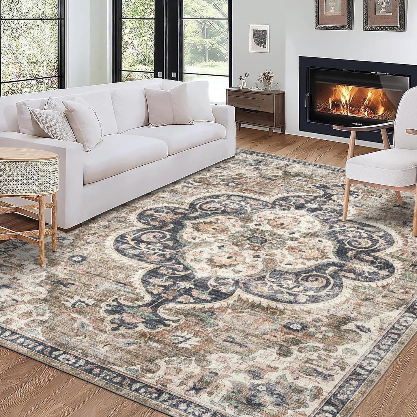 Machine Washable Area Rug - Living Room Bedroom Bathroom Kitchen Entryway Office - Padded Low Pile Stain Resistant Premium - Boho Vintage Traditional - Lyle - Blue 7'6" X 9'6"