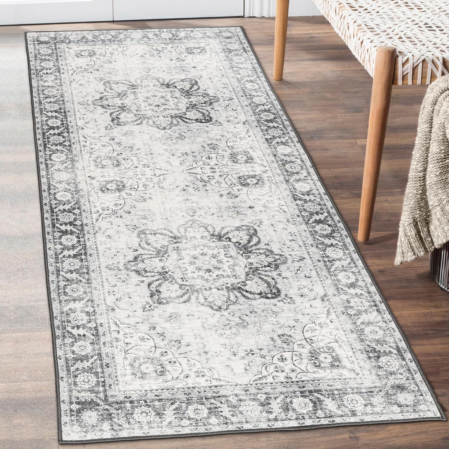 Machine Washable Area Rug - Living Room Bedroom Bathroom Kitchen Entryway Office - Padded Low Pile Stain Resistant Premium - Boho Vintage Traditional - Lyle - Blue 7'6" X 9'6"
