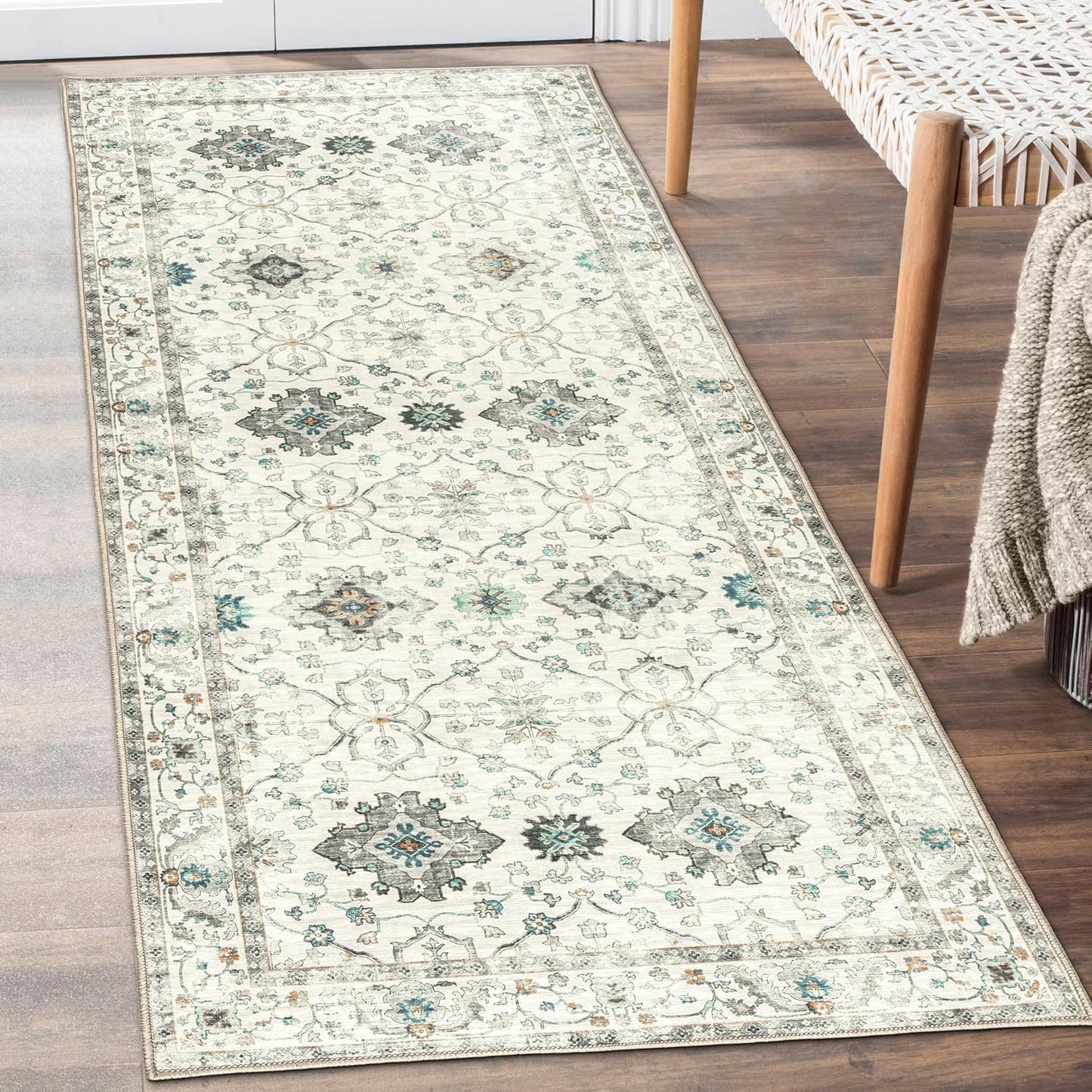 Machine Washable Area Rug - Living Room Bedroom Bathroom Kitchen Entryway Office - Padded Low Pile Stain Resistant Premium - Boho Vintage Traditional - Lyle - Blue 7'6" X 9'6"