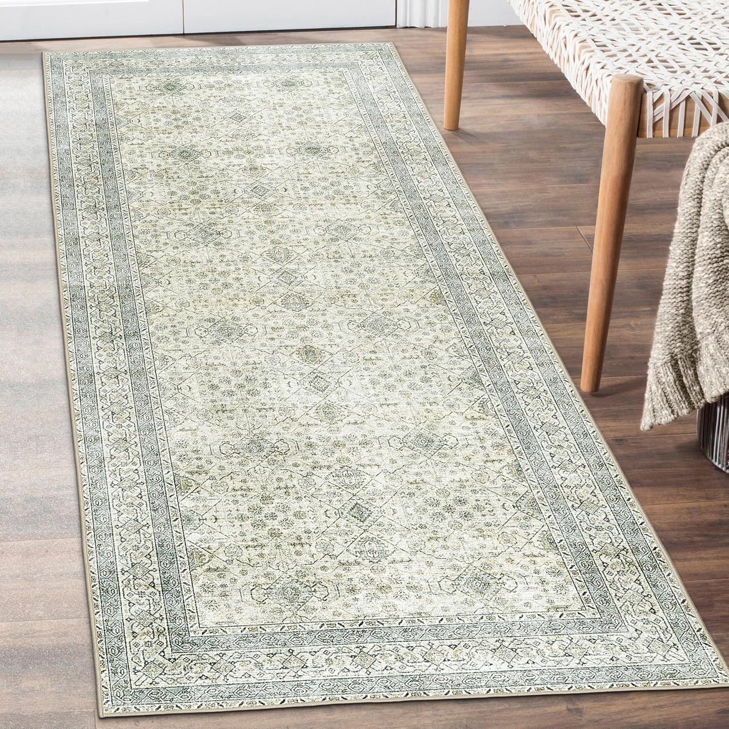 Machine Washable Area Rug - Living Room Bedroom Bathroom Kitchen Entryway Office - Padded Low Pile Stain Resistant Premium - Boho Vintage Traditional - Lyle - Blue 7'6" X 9'6"