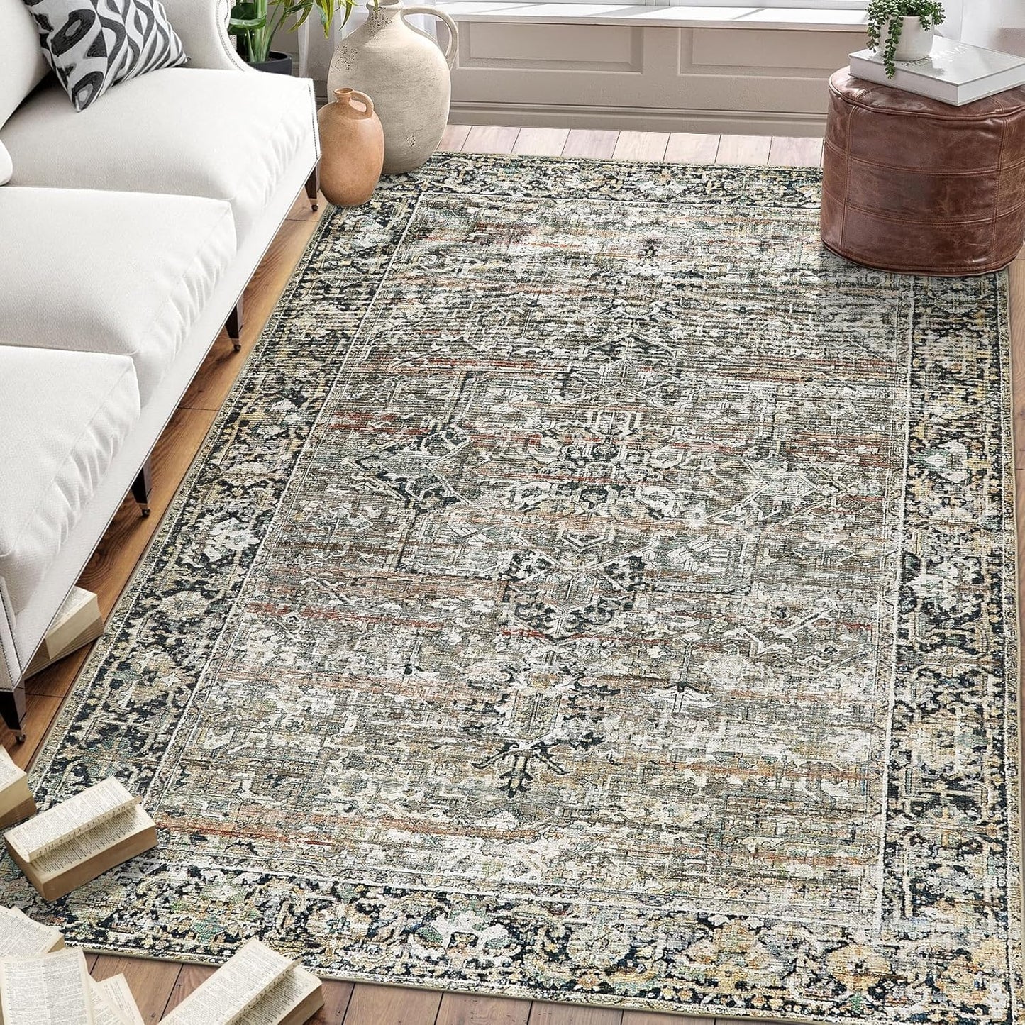 Machine Washable Area Rug - Living Room Bedroom Bathroom Kitchen Entryway Office - Padded Low Pile Stain Resistant Premium - Boho Vintage Traditional - Lyle - Blue 7'6" X 9'6"