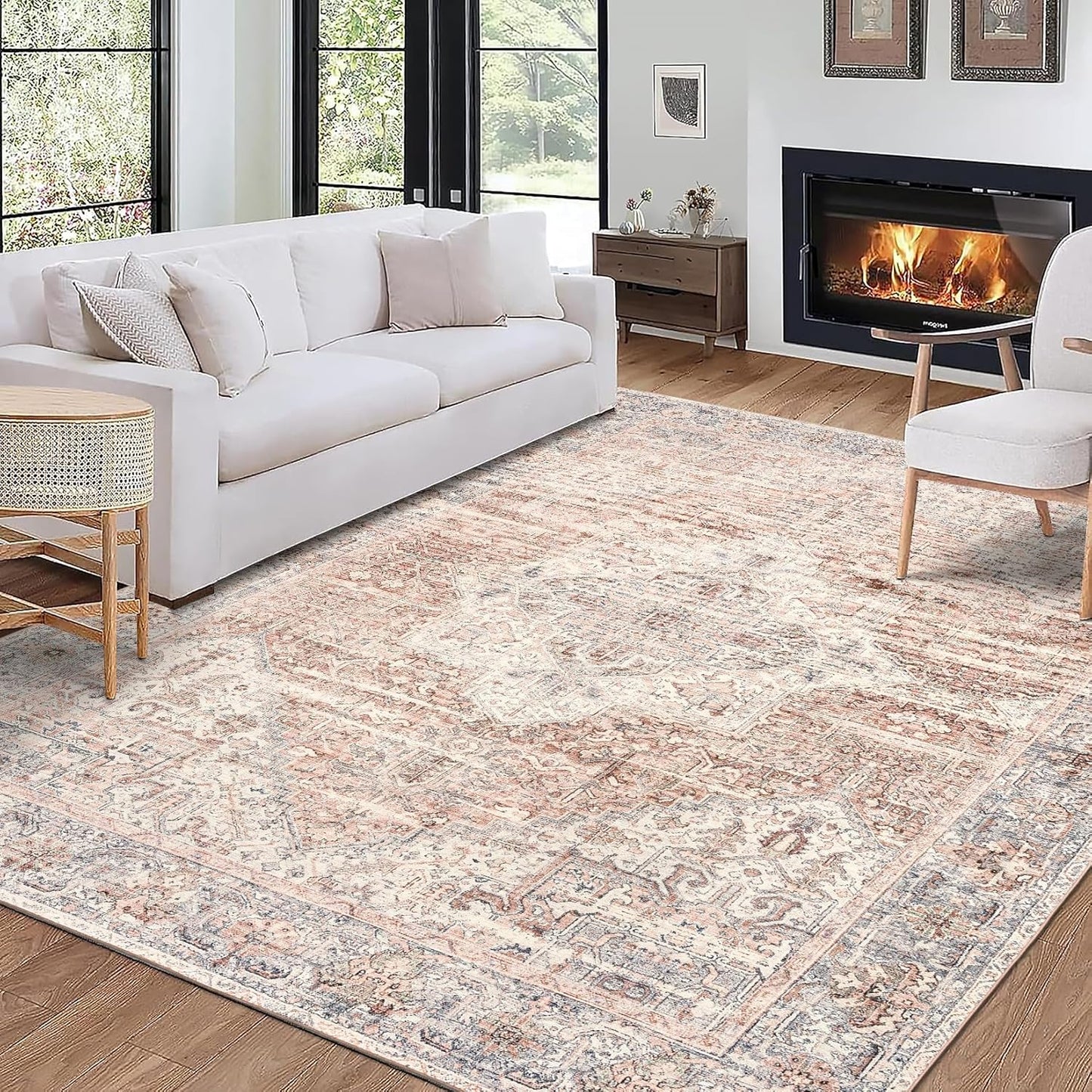 Machine Washable Area Rug - Living Room Bedroom Bathroom Kitchen Entryway Office - Padded Low Pile Stain Resistant Premium - Boho Vintage Traditional - Lyle - Blue 7'6" X 9'6"
