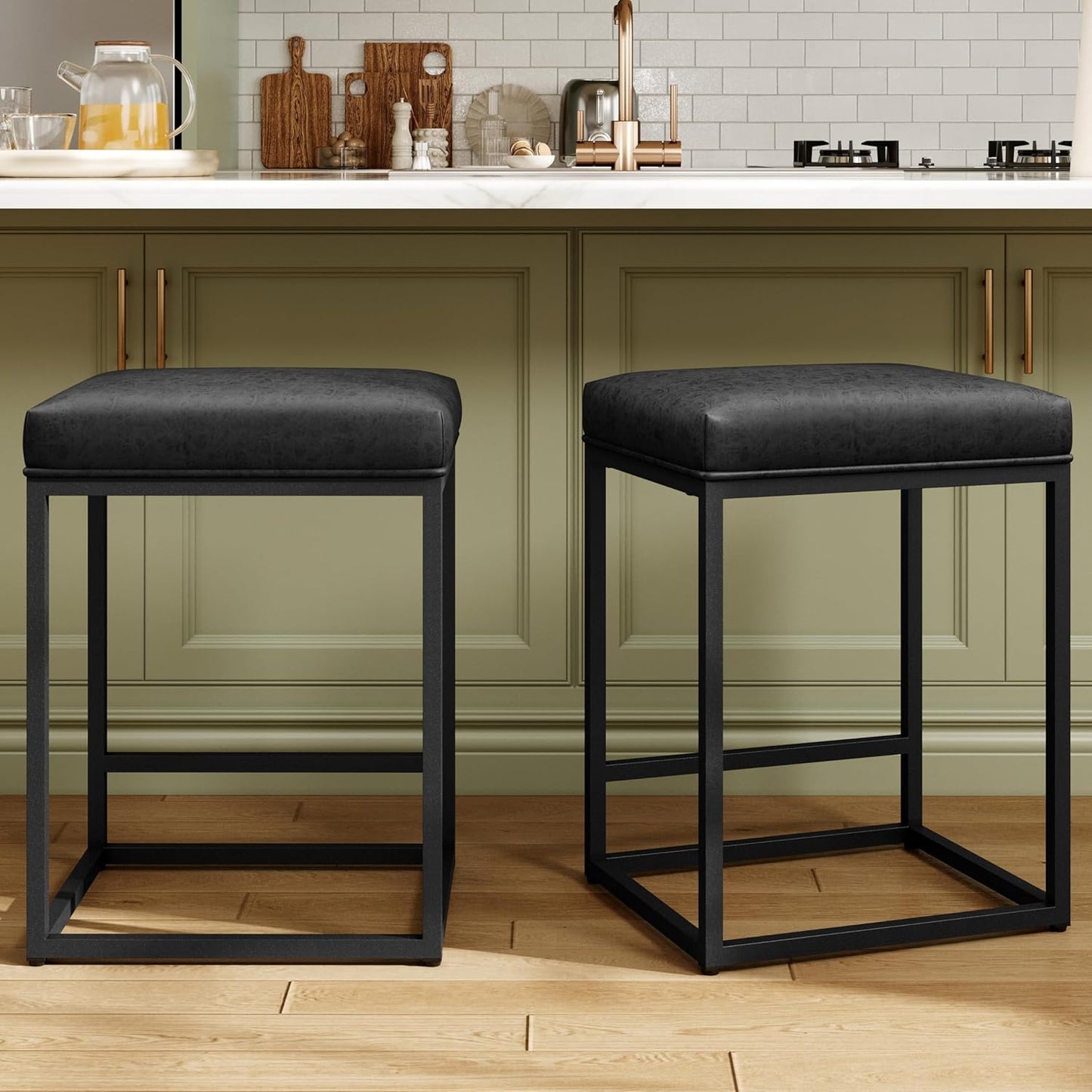 Counter Height 24" Bar Stools Set of 2 for Kitchen Counter Backless Modern Barstools Industrial Upholstered Faux Leather Stools Farmhouse Island Chairs, (24 Inch, Brown)