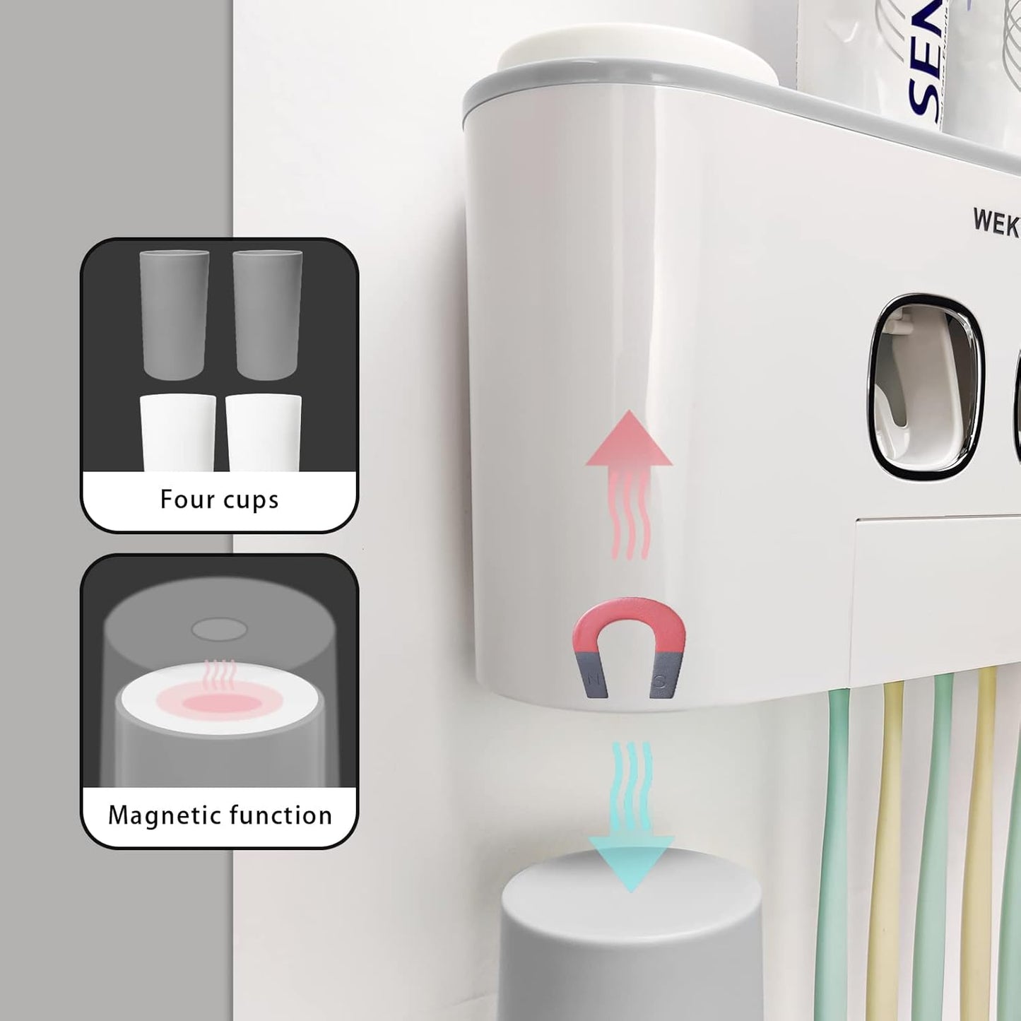 Toothbrush Holder Multi-Function Wall-Mounted Automatic Toothpaste Dispenser and Dust-Proof Toothbrush Holder with 5 Brush Slots 4 Cups 2 Automatic Toothpaste Dispensers 1 Storage Slot (Grey)
