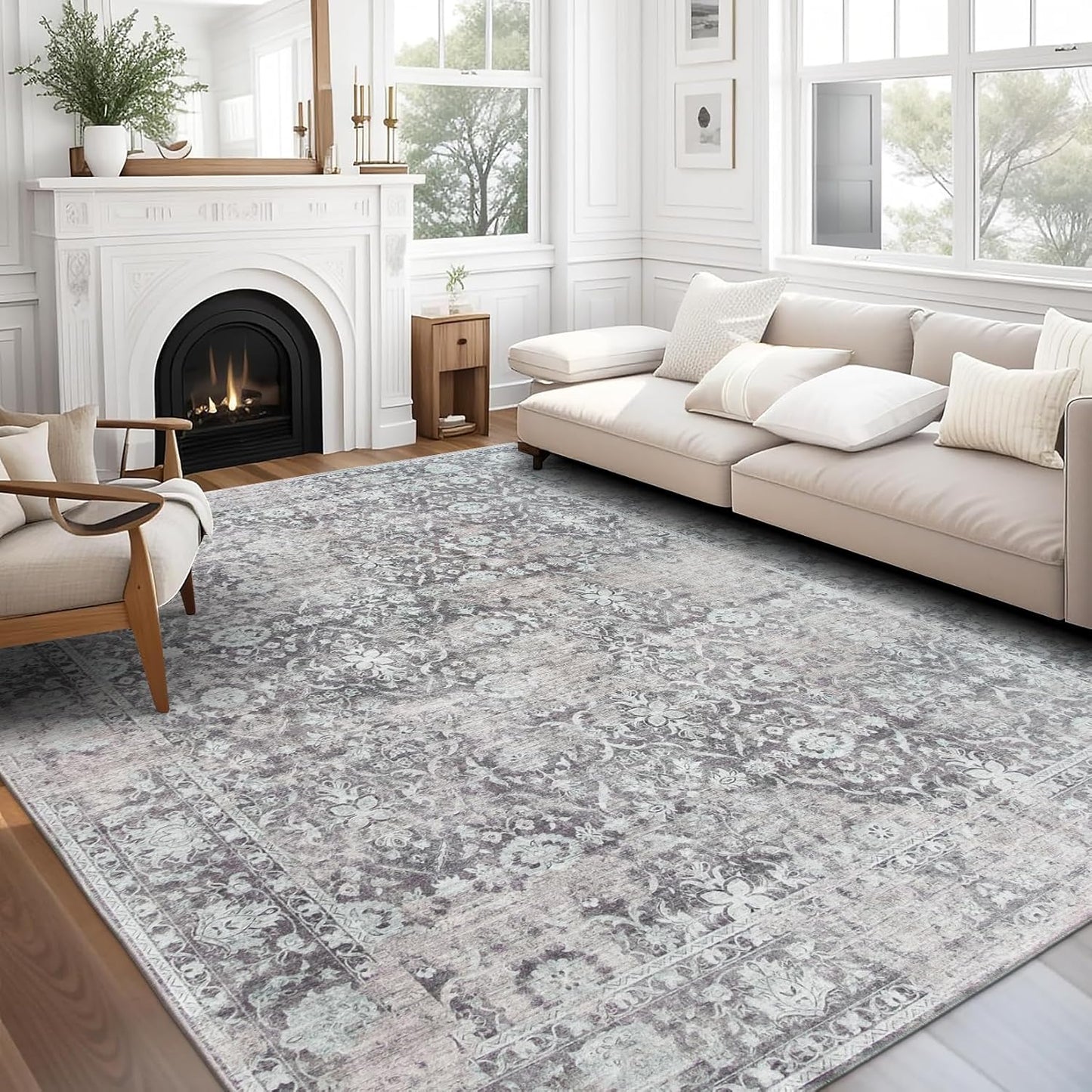 Machine Washable Area Rug - Living Room Bedroom Bathroom Kitchen Entryway Office - Padded Low Pile Stain Resistant Premium - Boho Vintage Traditional - Lyle - Blue 7'6" X 9'6"