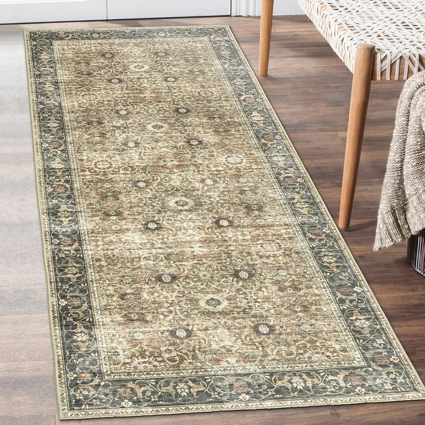Machine Washable Area Rug - Living Room Bedroom Bathroom Kitchen Entryway Office - Padded Low Pile Stain Resistant Premium - Boho Vintage Traditional - Lyle - Blue 7'6" X 9'6"