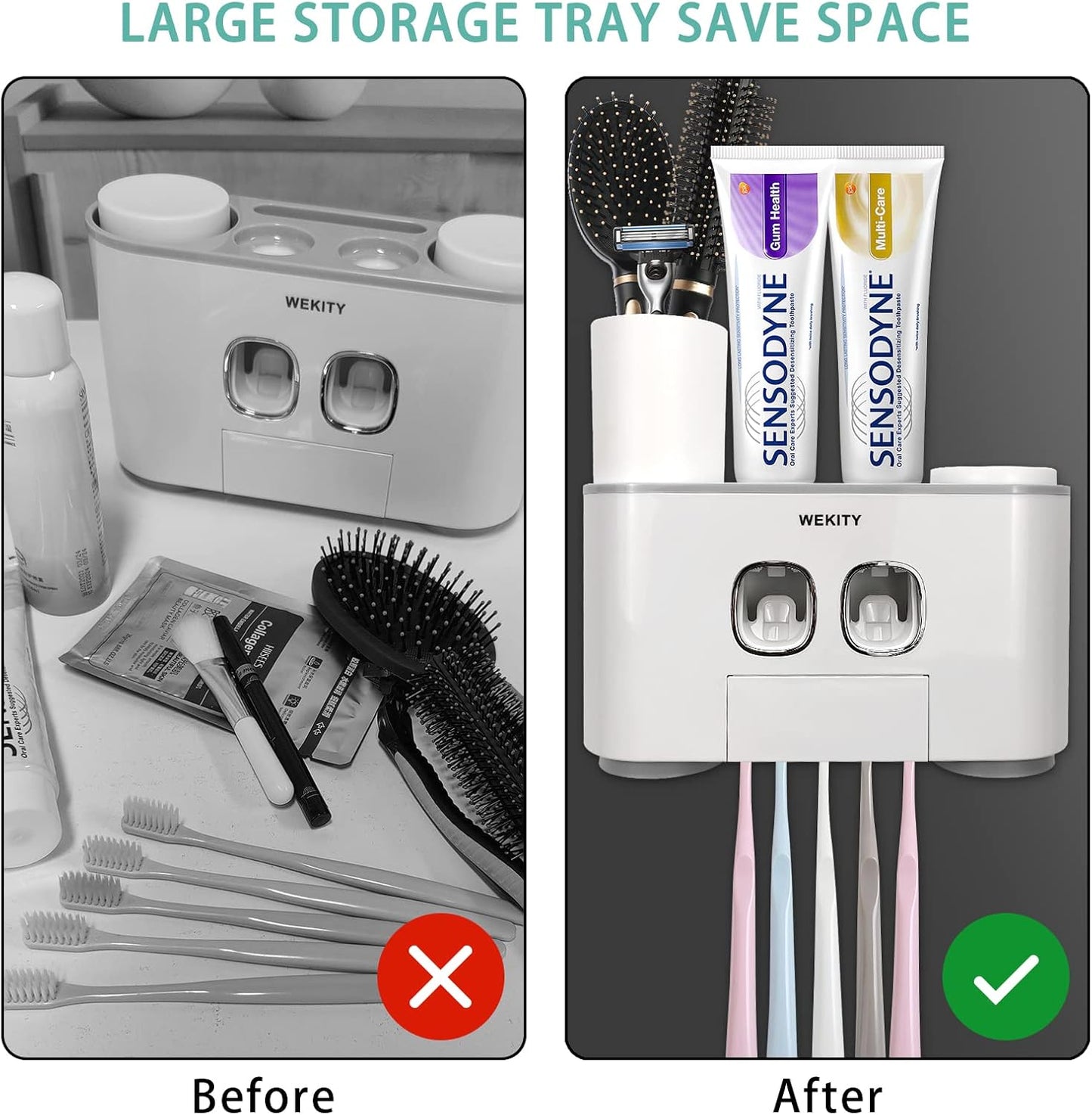 Toothbrush Holder Multi-Function Wall-Mounted Automatic Toothpaste Dispenser and Dust-Proof Toothbrush Holder with 5 Brush Slots 4 Cups 2 Automatic Toothpaste Dispensers 1 Storage Slot (Grey)