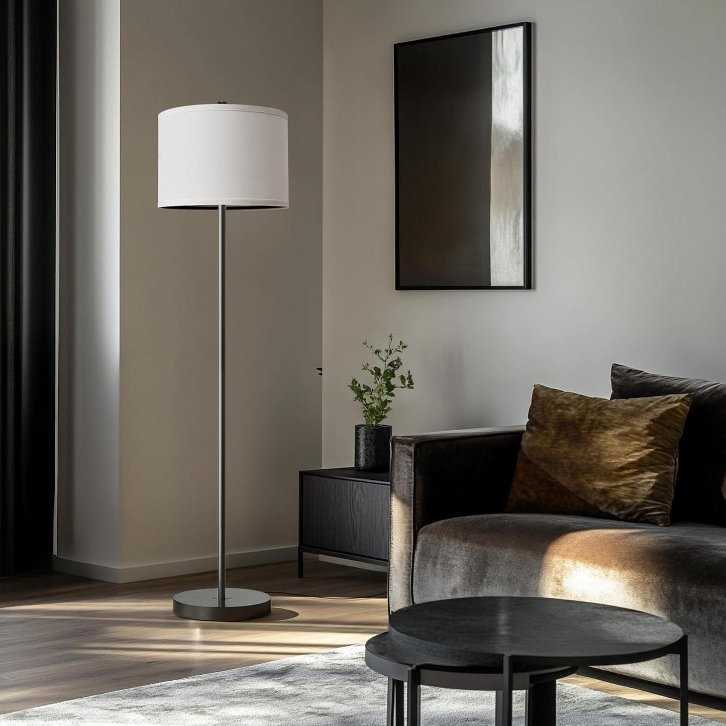 61” Modern Floor Lamp for Living Room, Gold Standing Lamp with Natural Linen Lampshade, Rustic Industrial Corner Floor Lamp with Rotary Switch for Bedroom, Study Room, Dining Room