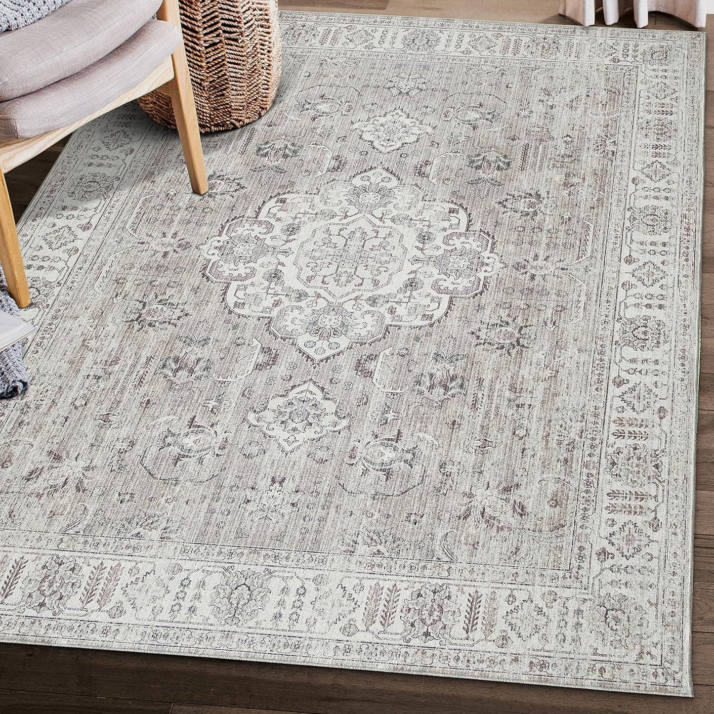 Machine Washable Area Rug - Living Room Bedroom Bathroom Kitchen Entryway Office - Padded Low Pile Stain Resistant Premium - Boho Vintage Traditional - Lyle - Blue 7'6" X 9'6"