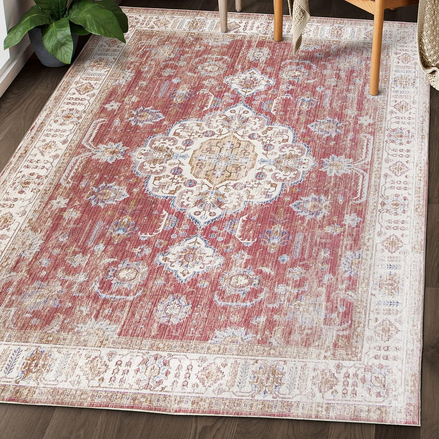 Machine Washable Area Rug - Living Room Bedroom Bathroom Kitchen Entryway Office - Padded Low Pile Stain Resistant Premium - Boho Vintage Traditional - Lyle - Blue 7'6" X 9'6"