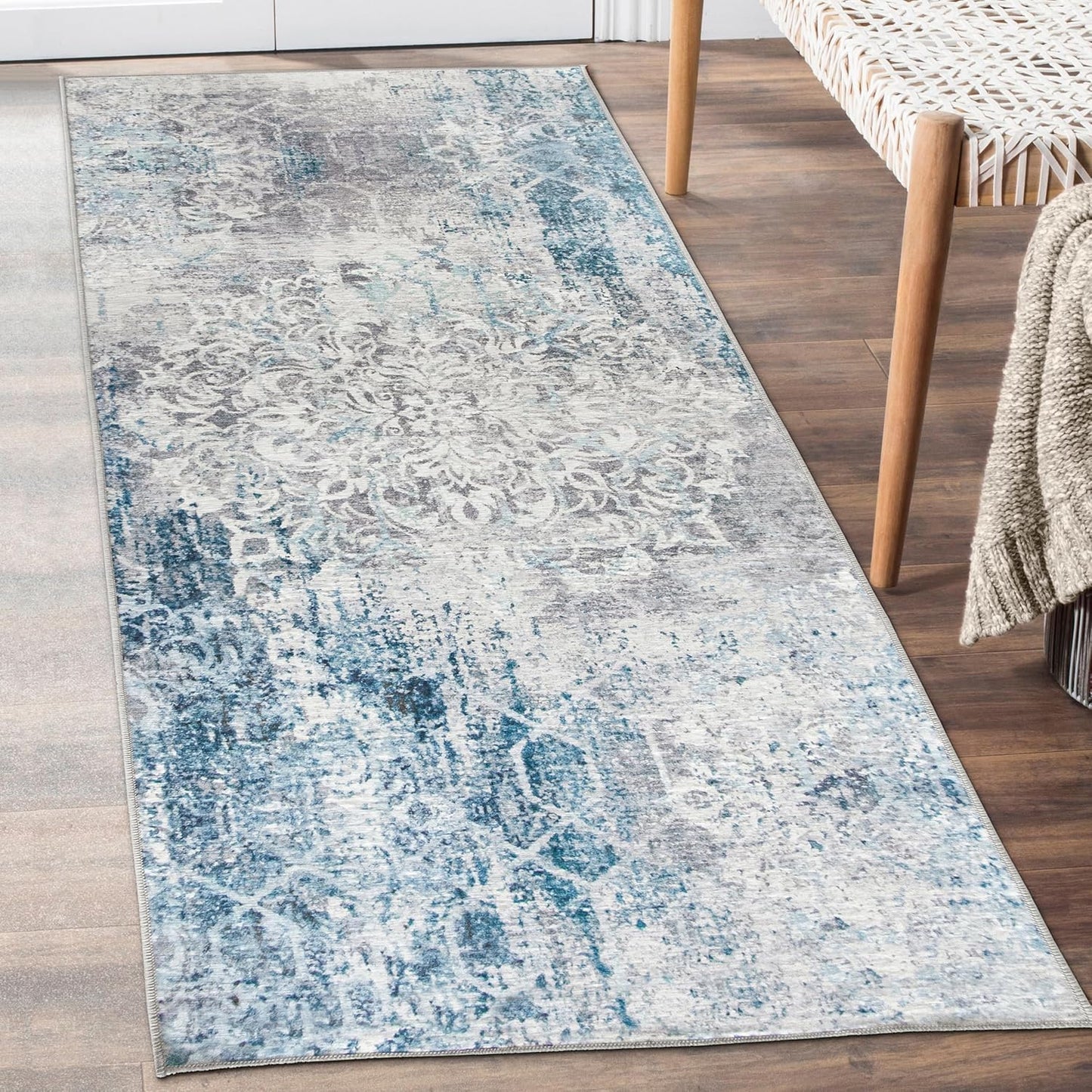 Machine Washable Area Rug - Living Room Bedroom Bathroom Kitchen Entryway Office - Padded Low Pile Stain Resistant Premium - Boho Vintage Traditional - Lyle - Blue 7'6" X 9'6"