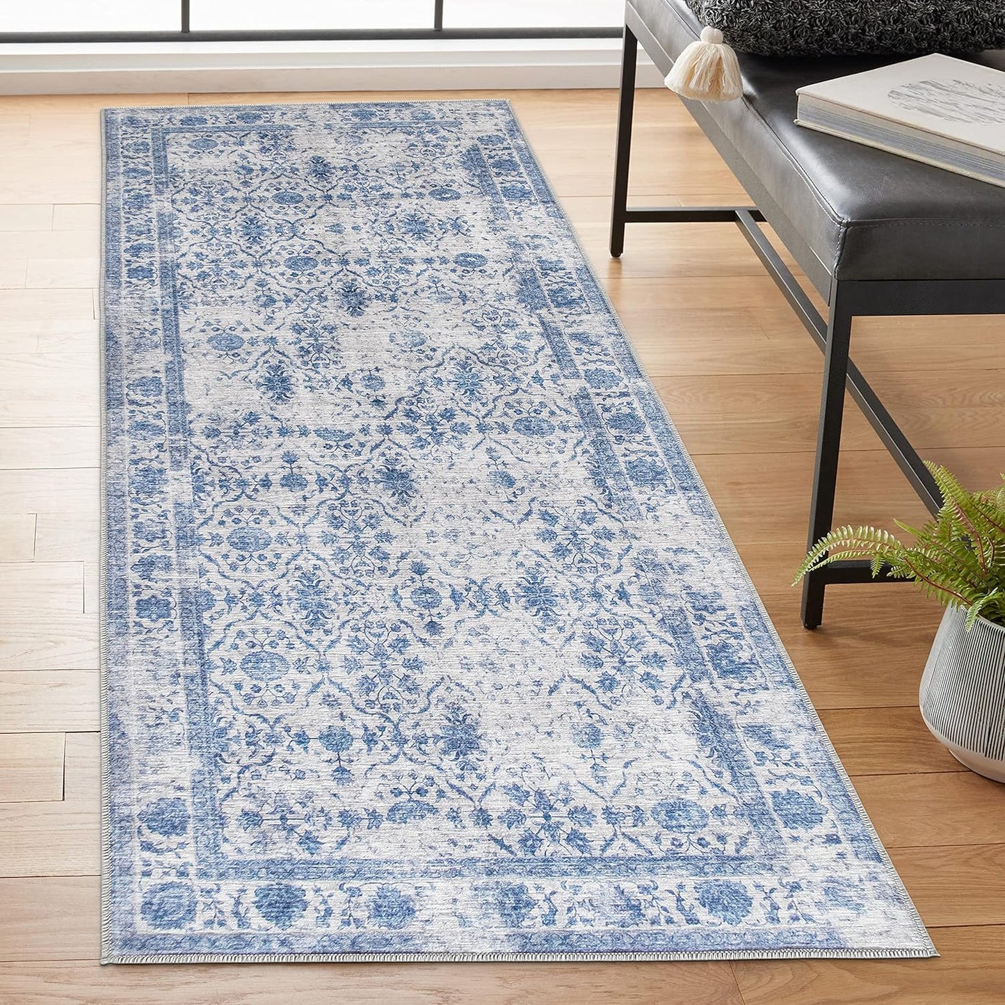 Machine Washable Area Rug - Living Room Bedroom Bathroom Kitchen Entryway Office - Padded Low Pile Stain Resistant Premium - Boho Vintage Traditional - Lyle - Blue 7'6" X 9'6"