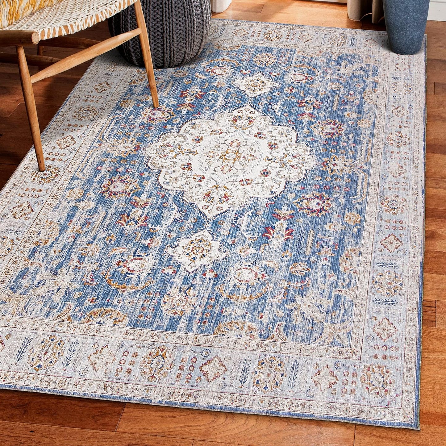 Machine Washable Area Rug - Living Room Bedroom Bathroom Kitchen Entryway Office - Padded Low Pile Stain Resistant Premium - Boho Vintage Traditional - Lyle - Blue 7'6" X 9'6"