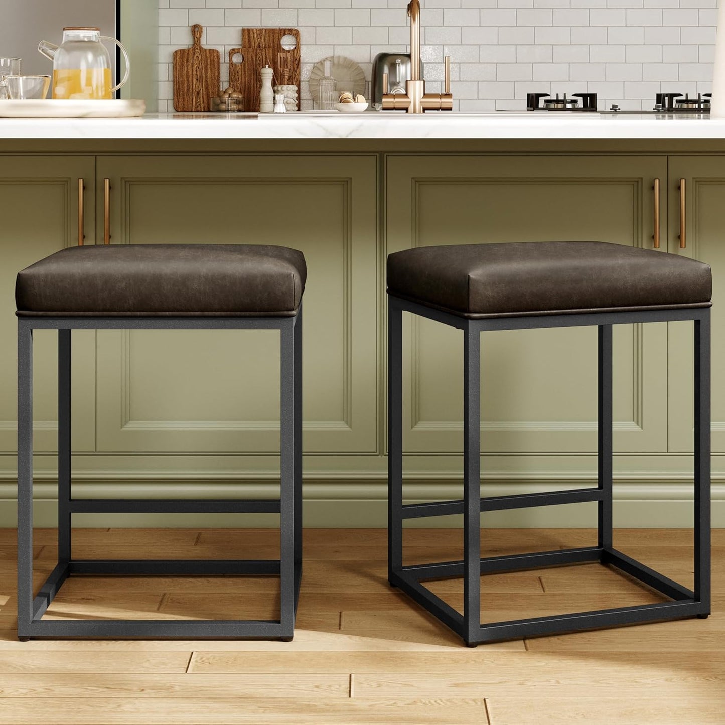 Counter Height 24" Bar Stools Set of 2 for Kitchen Counter Backless Modern Barstools Industrial Upholstered Faux Leather Stools Farmhouse Island Chairs, (24 Inch, Brown)