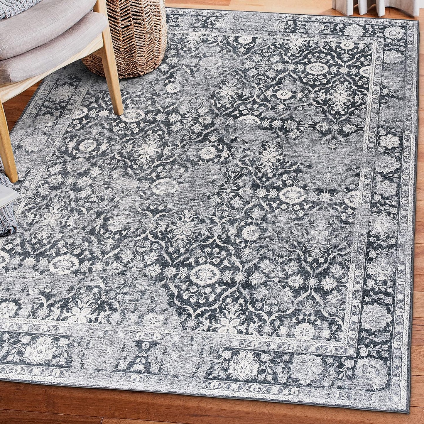 Machine Washable Area Rug - Living Room Bedroom Bathroom Kitchen Entryway Office - Padded Low Pile Stain Resistant Premium - Boho Vintage Traditional - Lyle - Blue 7'6" X 9'6"