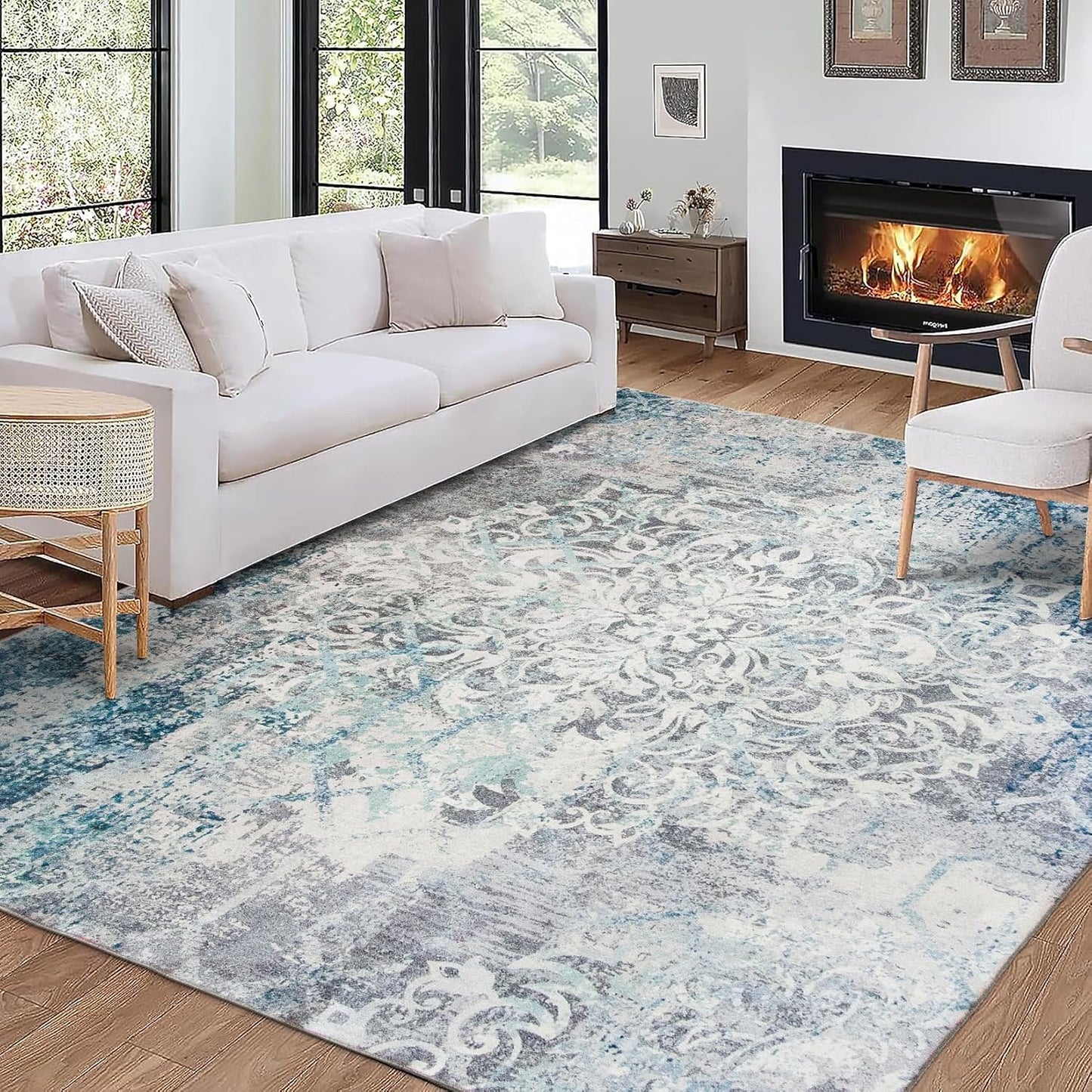 Machine Washable Area Rug - Living Room Bedroom Bathroom Kitchen Entryway Office - Padded Low Pile Stain Resistant Premium - Boho Vintage Traditional - Lyle - Blue 7'6" X 9'6"