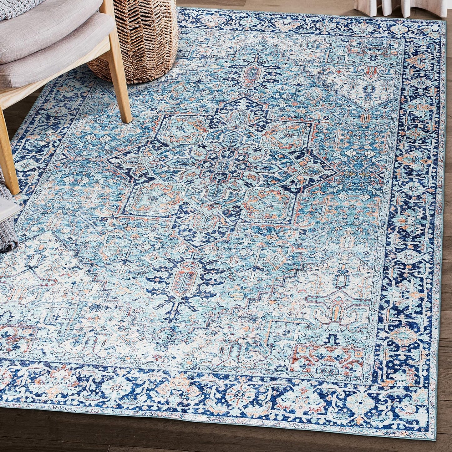 Machine Washable Area Rug - Living Room Bedroom Bathroom Kitchen Entryway Office - Padded Low Pile Stain Resistant Premium - Boho Vintage Traditional - Lyle - Blue 7'6" X 9'6"