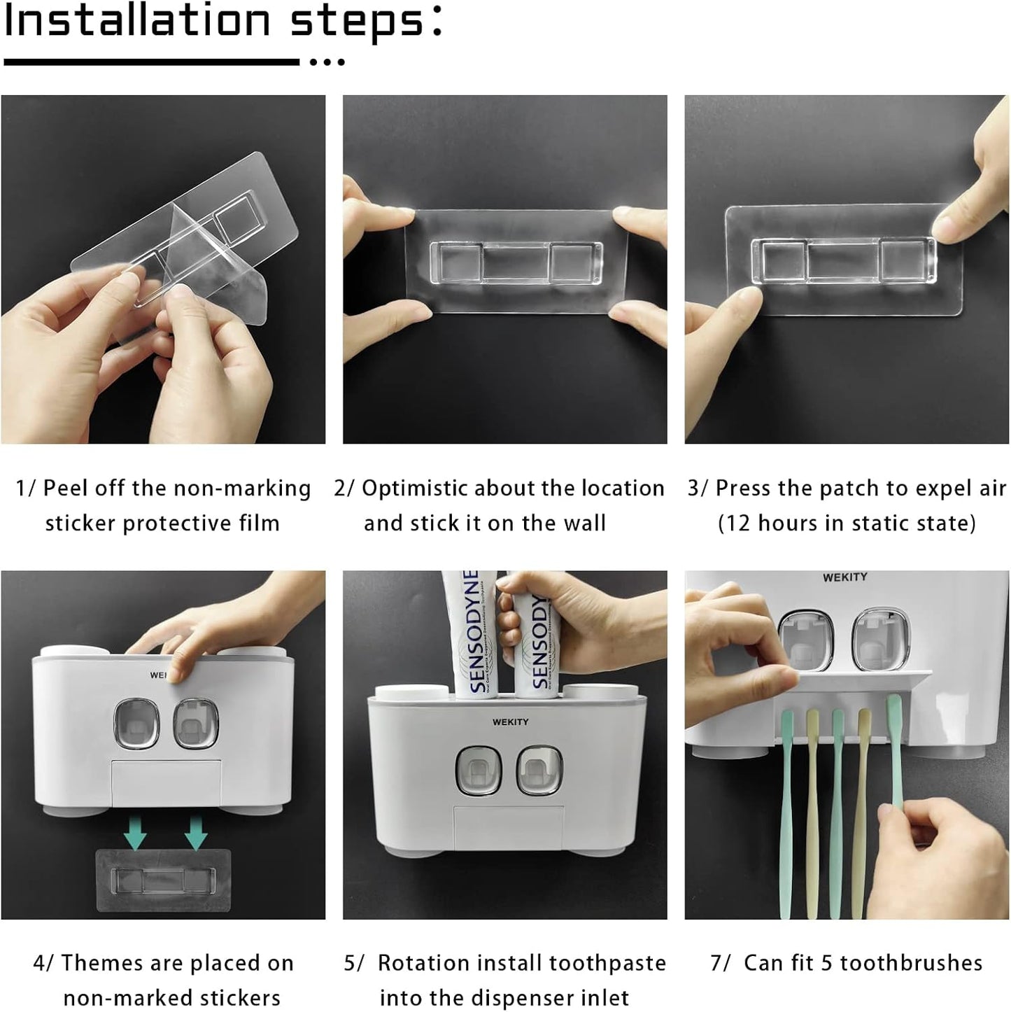 Toothbrush Holder Multi-Function Wall-Mounted Automatic Toothpaste Dispenser and Dust-Proof Toothbrush Holder with 5 Brush Slots 4 Cups 2 Automatic Toothpaste Dispensers 1 Storage Slot (Grey)