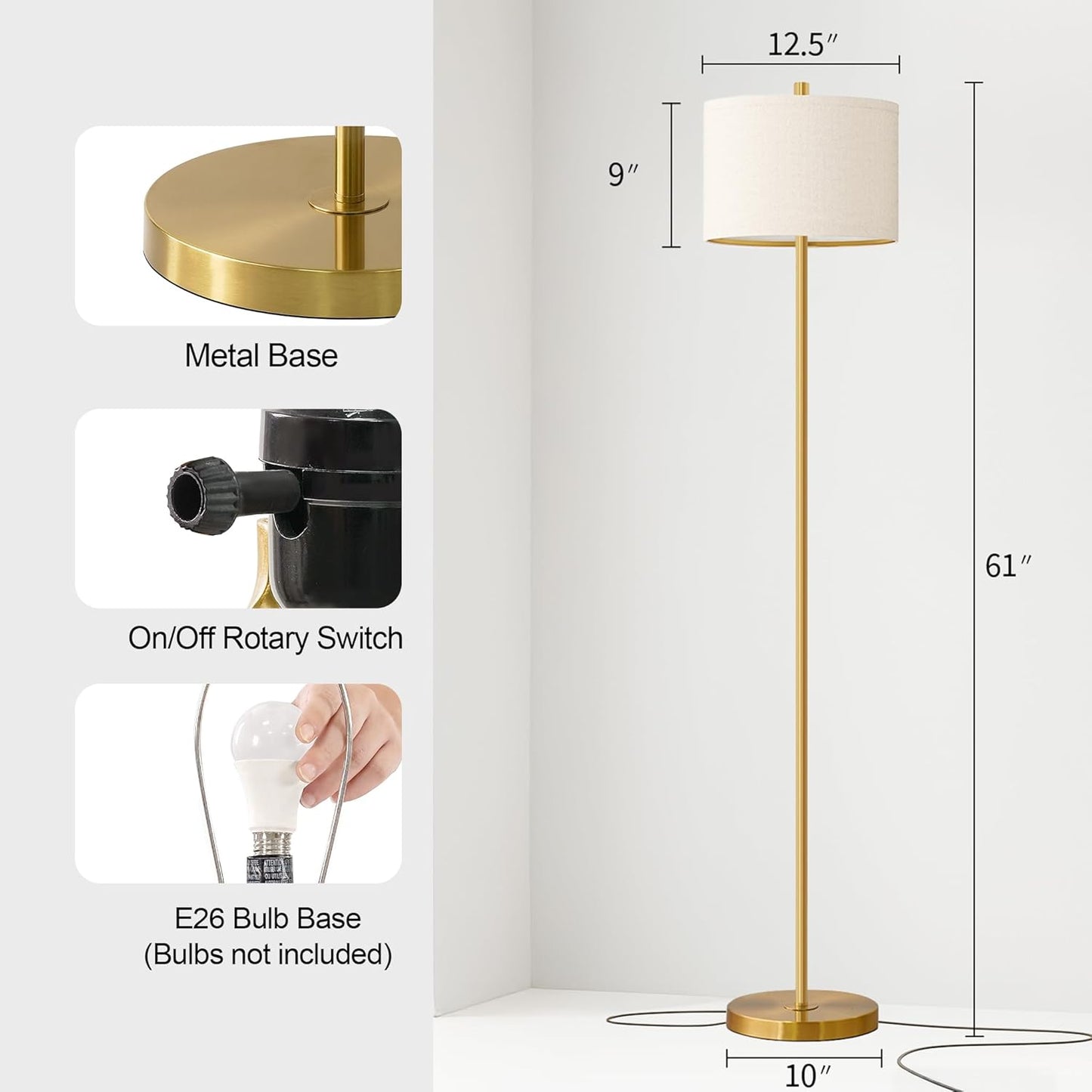 61” Modern Floor Lamp for Living Room, Gold Standing Lamp with Natural Linen Lampshade, Rustic Industrial Corner Floor Lamp with Rotary Switch for Bedroom, Study Room, Dining Room