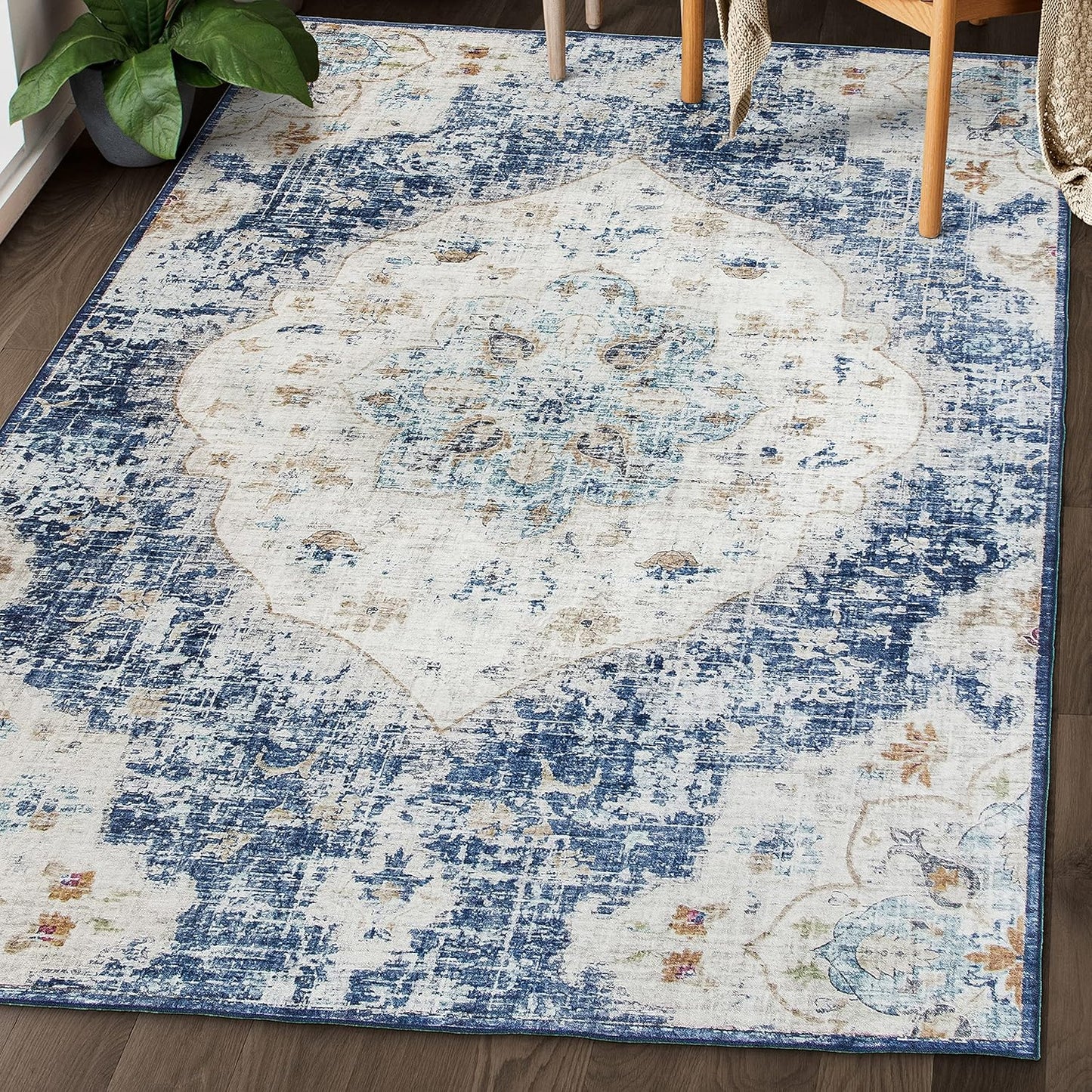 Machine Washable Area Rug - Living Room Bedroom Bathroom Kitchen Entryway Office - Padded Low Pile Stain Resistant Premium - Boho Vintage Traditional - Lyle - Blue 7'6" X 9'6"
