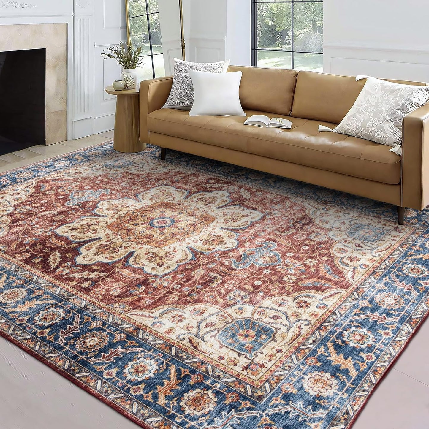 Machine Washable Area Rug - Living Room Bedroom Bathroom Kitchen Entryway Office - Padded Low Pile Stain Resistant Premium - Boho Vintage Traditional - Lyle - Blue 7'6" X 9'6"