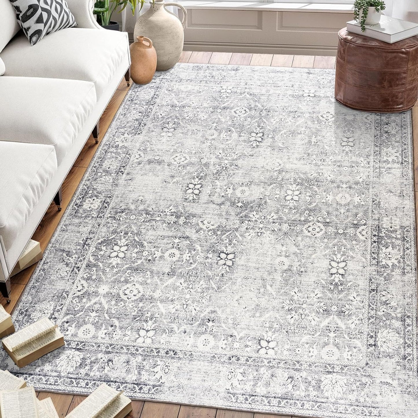 Machine Washable Area Rug - Living Room Bedroom Bathroom Kitchen Entryway Office - Padded Low Pile Stain Resistant Premium - Boho Vintage Traditional - Lyle - Blue 7'6" X 9'6"