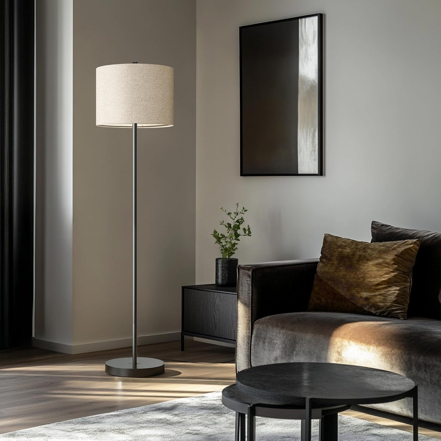61” Modern Floor Lamp for Living Room, Gold Standing Lamp with Natural Linen Lampshade, Rustic Industrial Corner Floor Lamp with Rotary Switch for Bedroom, Study Room, Dining Room