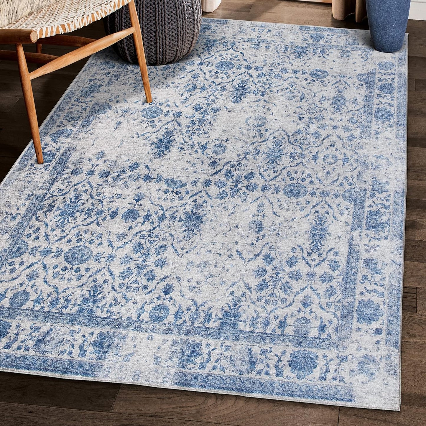 Machine Washable Area Rug - Living Room Bedroom Bathroom Kitchen Entryway Office - Padded Low Pile Stain Resistant Premium - Boho Vintage Traditional - Lyle - Blue 7'6" X 9'6"