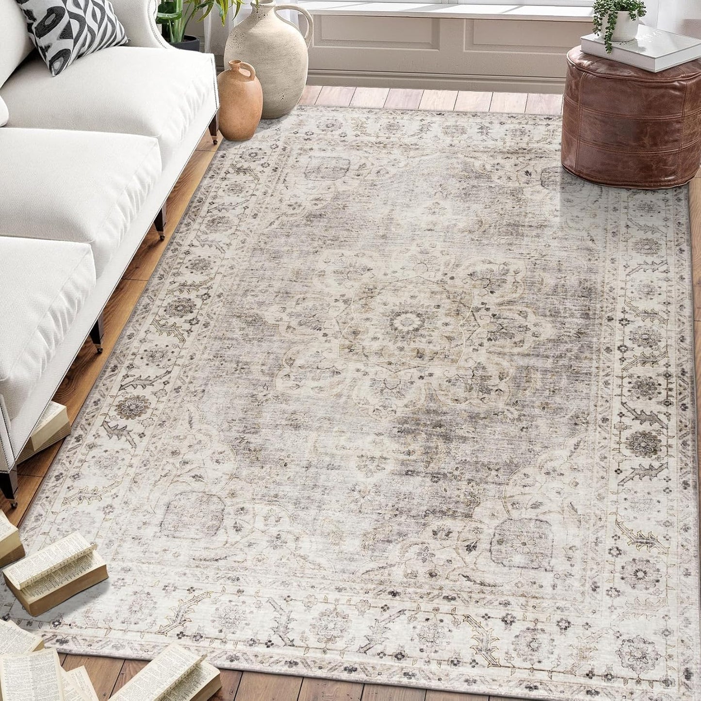 Machine Washable Area Rug - Living Room Bedroom Bathroom Kitchen Entryway Office - Padded Low Pile Stain Resistant Premium - Boho Vintage Traditional - Lyle - Blue 7'6" X 9'6"