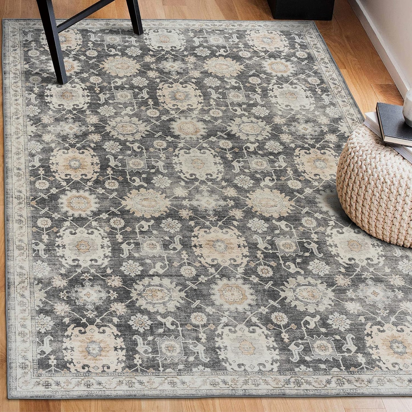 Machine Washable Area Rug - Living Room Bedroom Bathroom Kitchen Entryway Office - Padded Low Pile Stain Resistant Premium - Boho Vintage Traditional - Lyle - Blue 7'6" X 9'6"