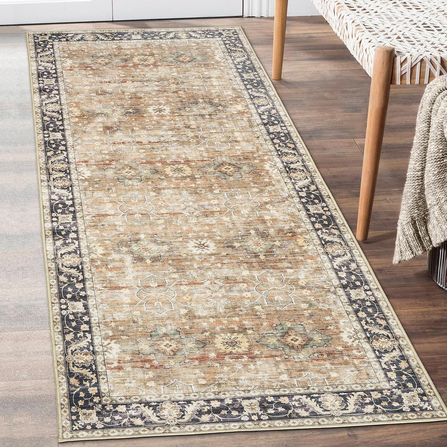 Machine Washable Area Rug - Living Room Bedroom Bathroom Kitchen Entryway Office - Padded Low Pile Stain Resistant Premium - Boho Vintage Traditional - Lyle - Blue 7'6" X 9'6"