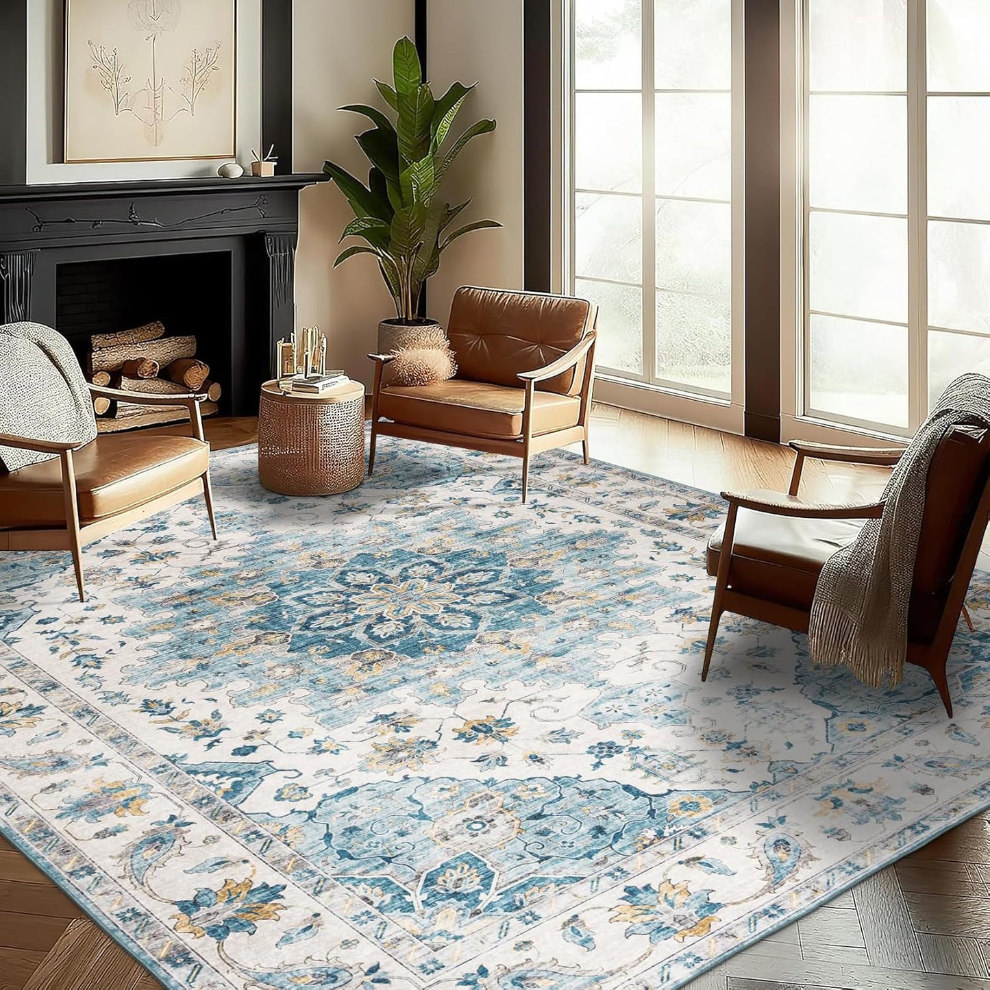 Machine Washable Area Rug - Living Room Bedroom Bathroom Kitchen Entryway Office - Padded Low Pile Stain Resistant Premium - Boho Vintage Traditional - Lyle - Blue 7'6" X 9'6"