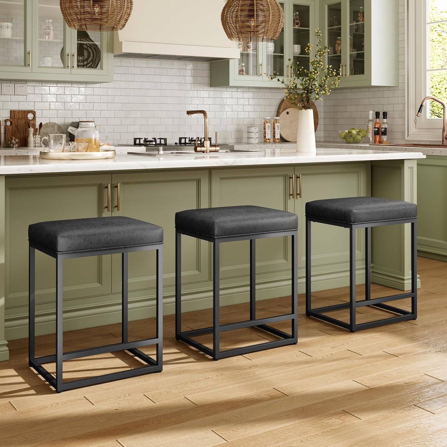 Counter Height 24" Bar Stools Set of 2 for Kitchen Counter Backless Modern Barstools Industrial Upholstered Faux Leather Stools Farmhouse Island Chairs, (24 Inch, Brown)
