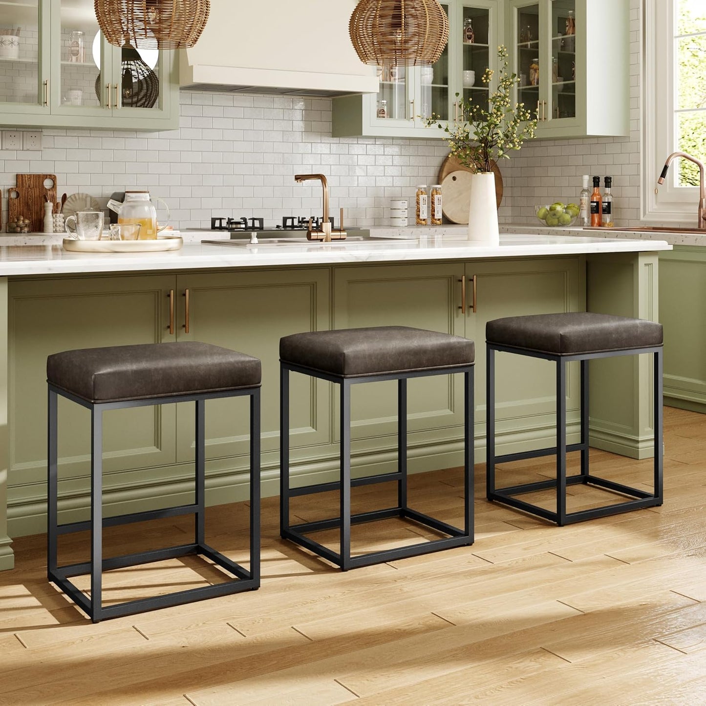 Counter Height 24" Bar Stools Set of 2 for Kitchen Counter Backless Modern Barstools Industrial Upholstered Faux Leather Stools Farmhouse Island Chairs, (24 Inch, Brown)