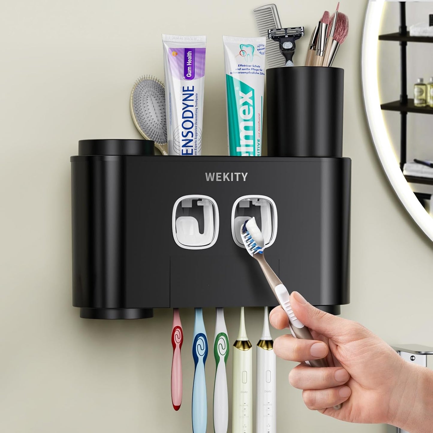 Toothbrush Holder Multi-Function Wall-Mounted Automatic Toothpaste Dispenser and Dust-Proof Toothbrush Holder with 5 Brush Slots 4 Cups 2 Automatic Toothpaste Dispensers 1 Storage Slot (Grey)