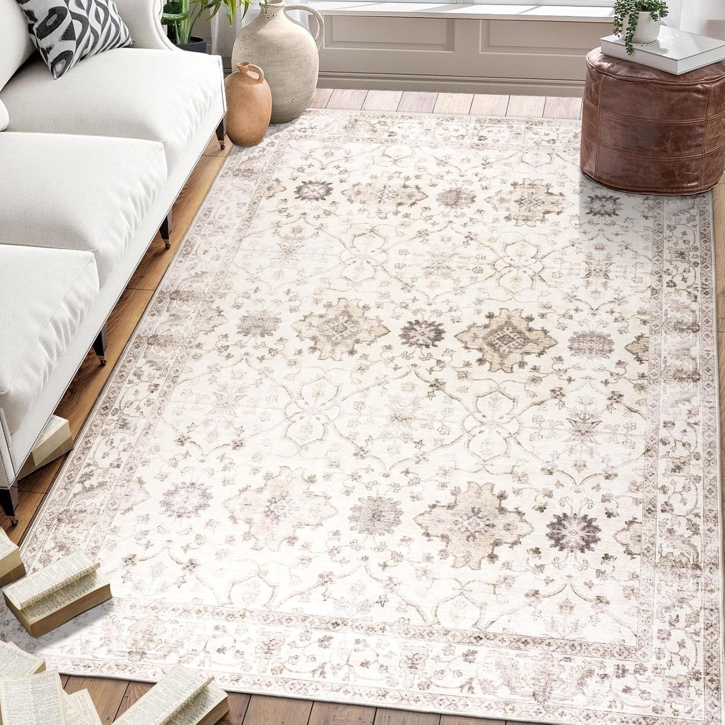 Machine Washable Area Rug - Living Room Bedroom Bathroom Kitchen Entryway Office - Padded Low Pile Stain Resistant Premium - Boho Vintage Traditional - Lyle - Blue 7'6" X 9'6"