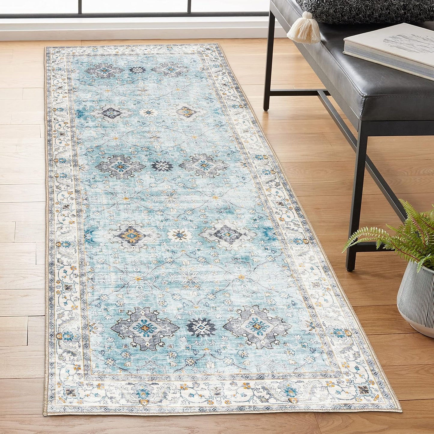 Machine Washable Area Rug - Living Room Bedroom Bathroom Kitchen Entryway Office - Padded Low Pile Stain Resistant Premium - Boho Vintage Traditional - Lyle - Blue 7'6" X 9'6"