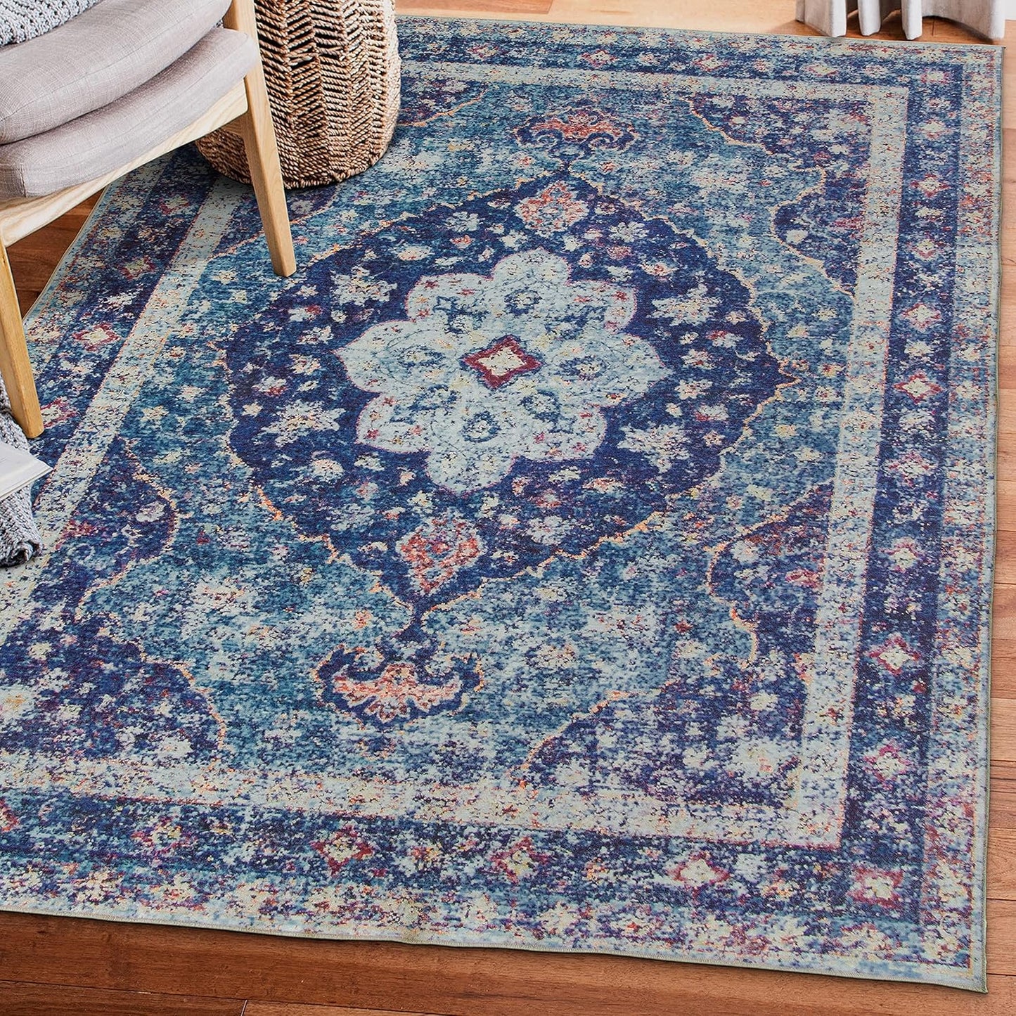 Machine Washable Area Rug - Living Room Bedroom Bathroom Kitchen Entryway Office - Padded Low Pile Stain Resistant Premium - Boho Vintage Traditional - Lyle - Blue 7'6" X 9'6"