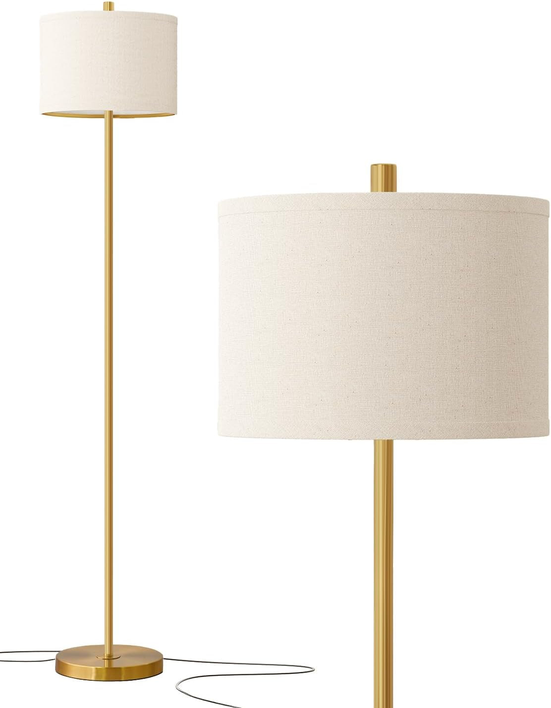 61” Modern Floor Lamp for Living Room, Gold Standing Lamp with Natural Linen Lampshade, Rustic Industrial Corner Floor Lamp with Rotary Switch for Bedroom, Study Room, Dining Room