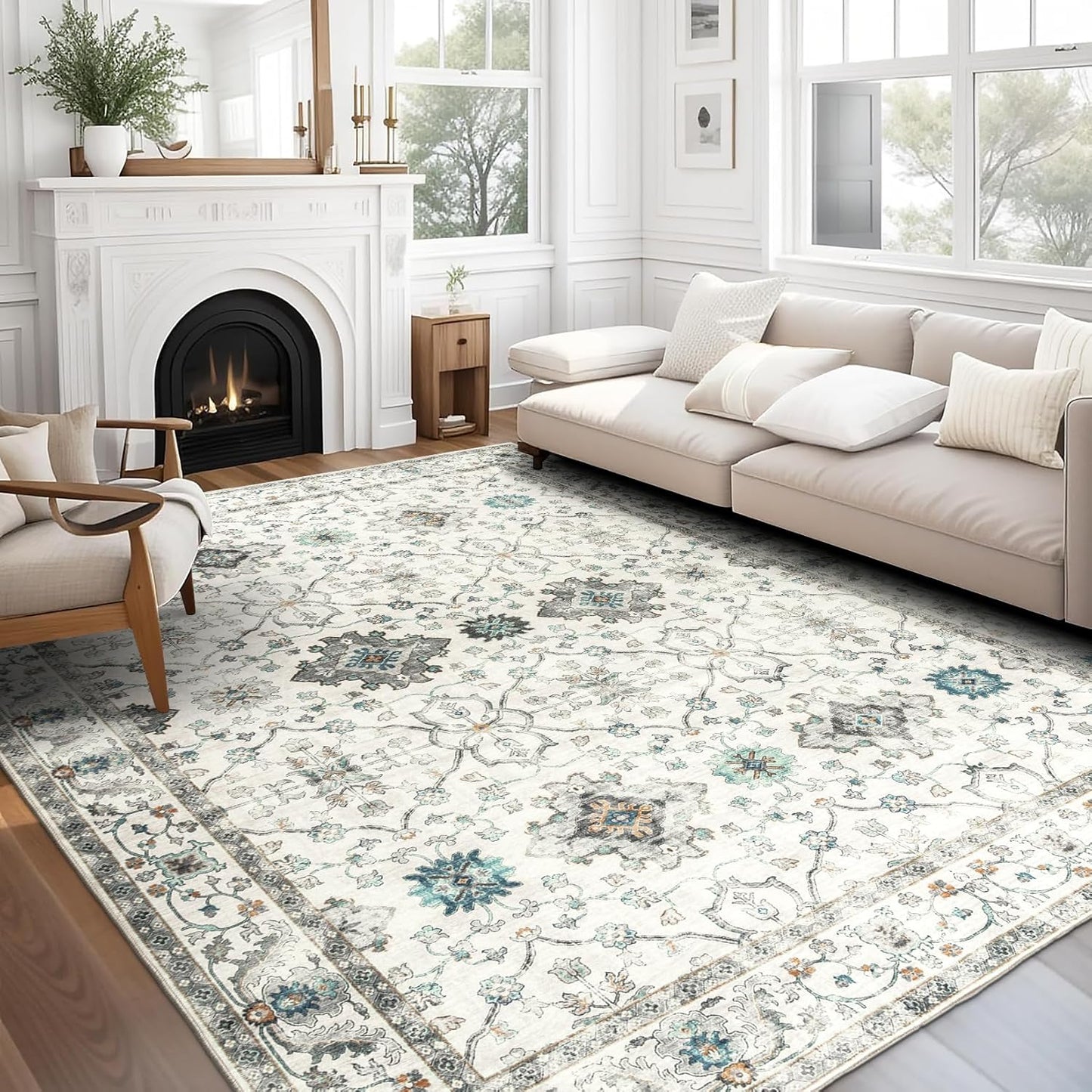 Machine Washable Area Rug - Living Room Bedroom Bathroom Kitchen Entryway Office - Padded Low Pile Stain Resistant Premium - Boho Vintage Traditional - Lyle - Blue 7'6" X 9'6"