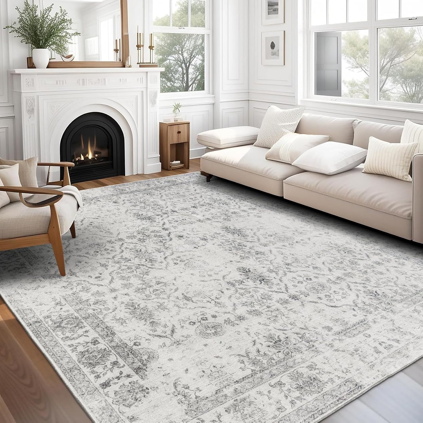 Machine Washable Area Rug - Living Room Bedroom Bathroom Kitchen Entryway Office - Padded Low Pile Stain Resistant Premium - Boho Vintage Traditional - Lyle - Blue 7'6" X 9'6"