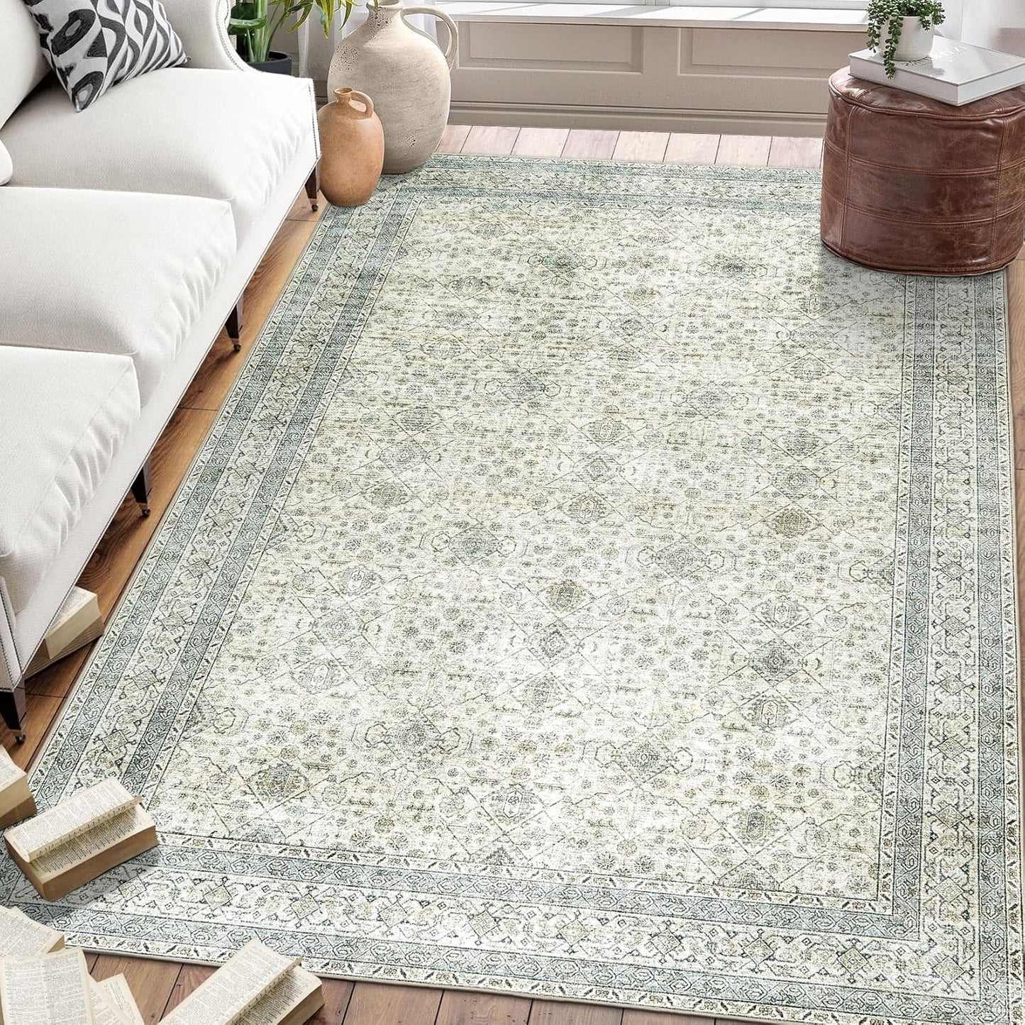 Machine Washable Area Rug - Living Room Bedroom Bathroom Kitchen Entryway Office - Padded Low Pile Stain Resistant Premium - Boho Vintage Traditional - Lyle - Blue 7'6" X 9'6"