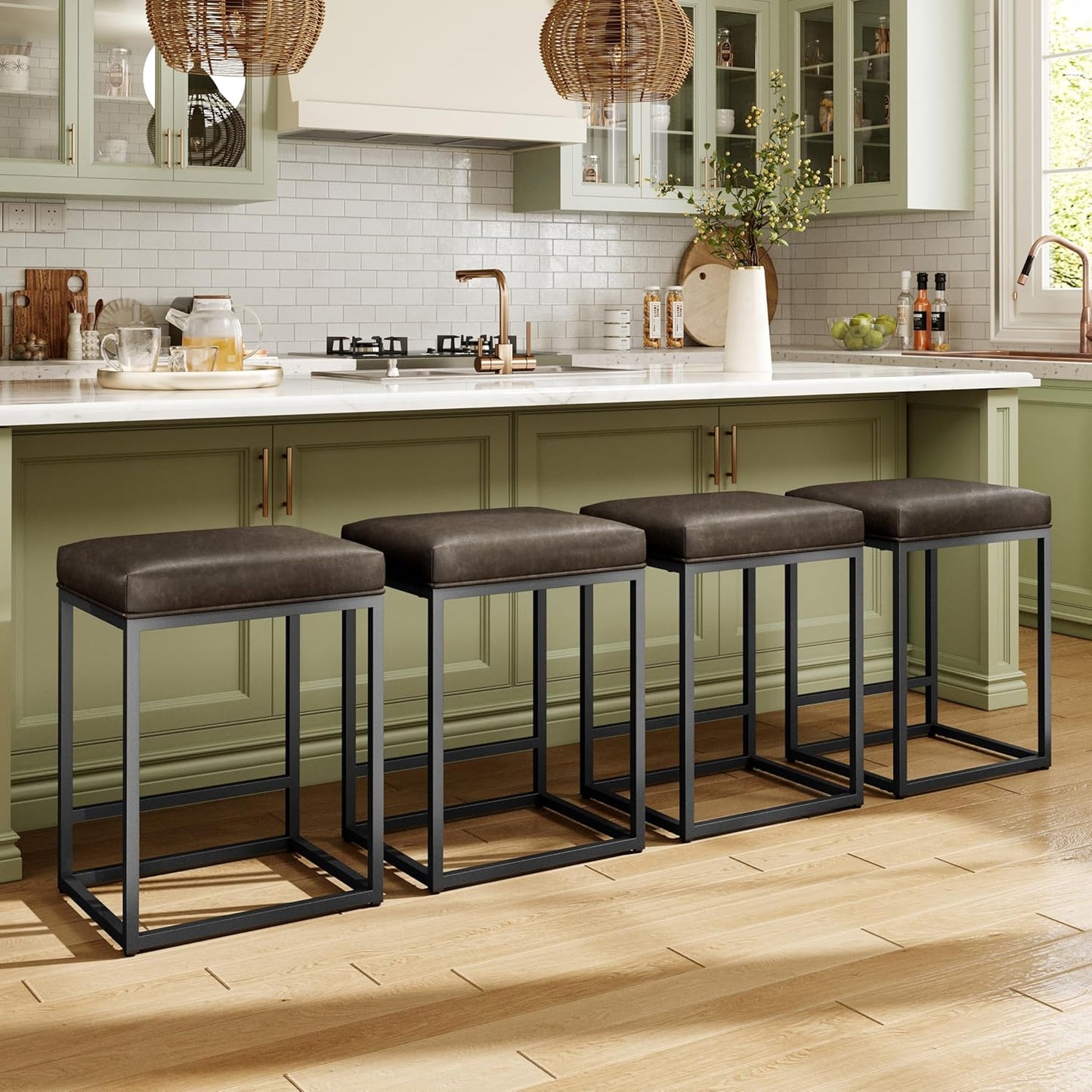 Counter Height 24" Bar Stools Set of 2 for Kitchen Counter Backless Modern Barstools Industrial Upholstered Faux Leather Stools Farmhouse Island Chairs, (24 Inch, Brown)